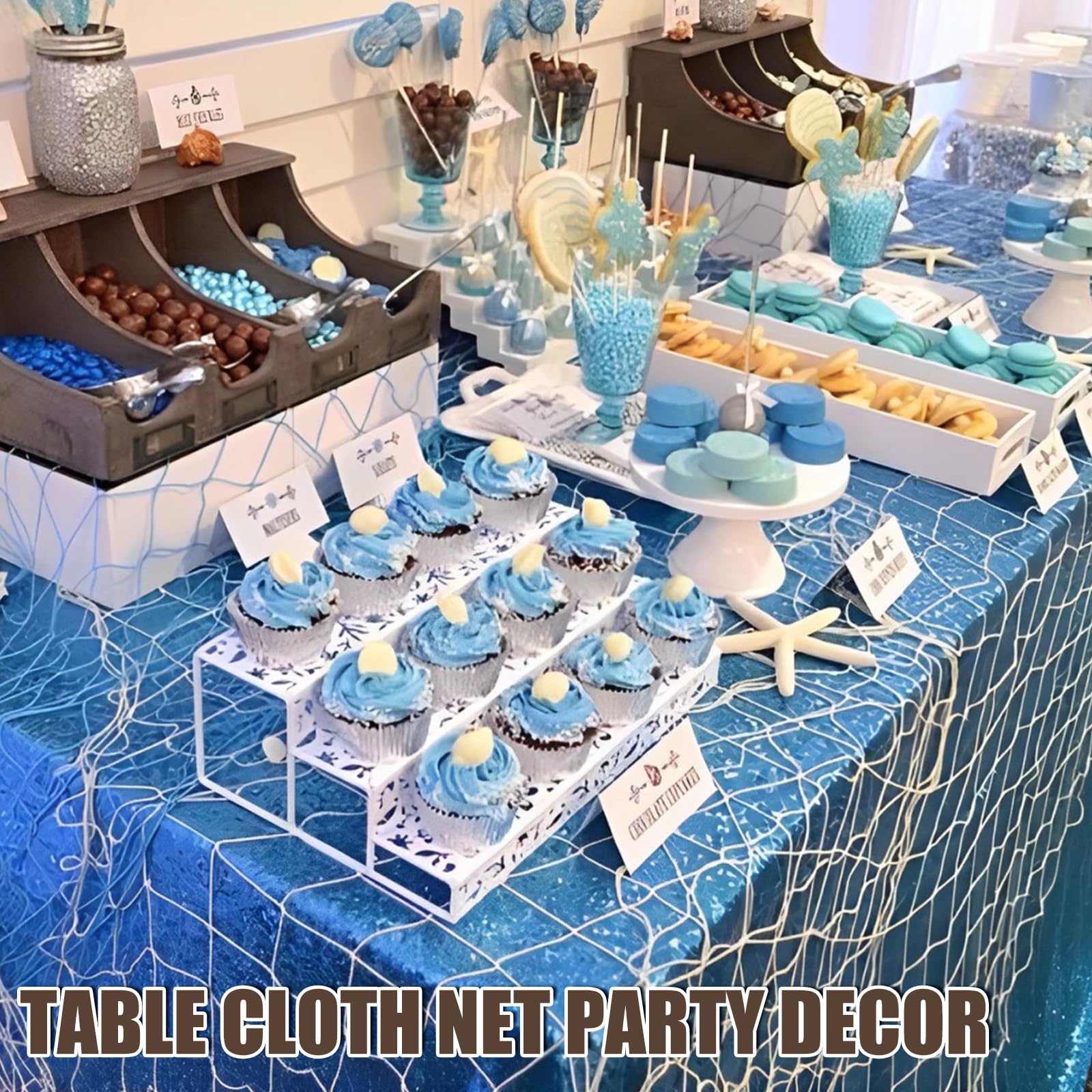 2 Pack Fish Net Decorations for Party, Natural Cotton Hawaiian Table Runner Party Fishing Net