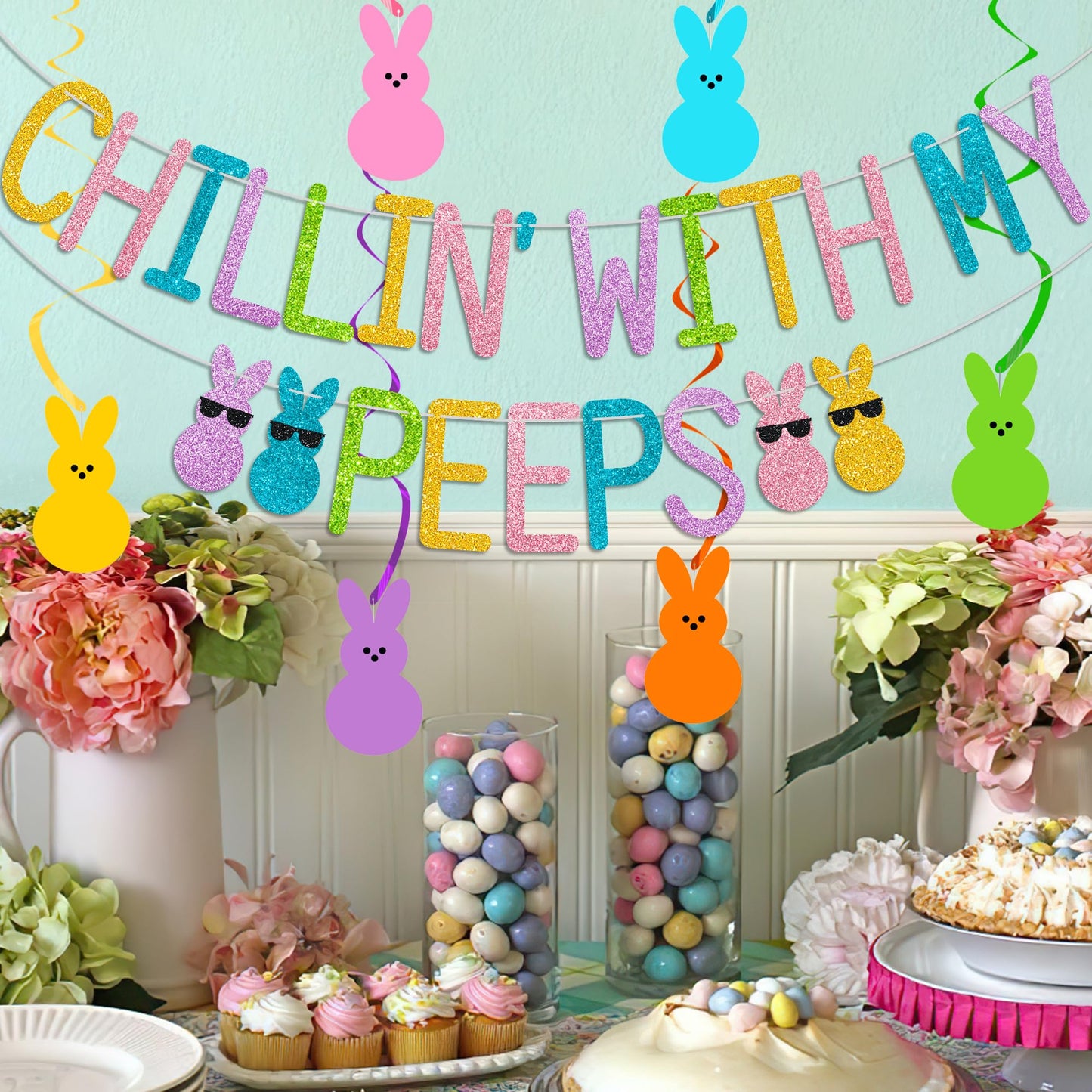 Glitter Chillin with My Peeps Banner with Bunny Hanging Swirls - NO DIY - Easter Party Decorations