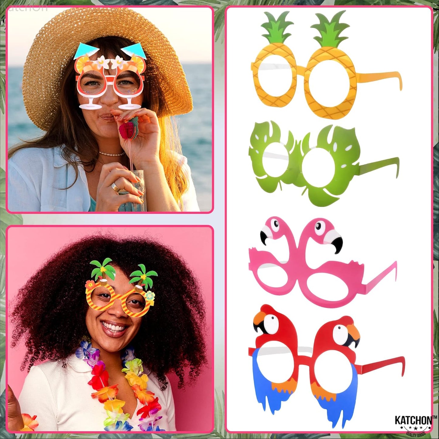 KatchOn, Tropical Hawaiian Photo Booth Props - Pack of 12,Luau Party Decorations | Luau Glasses for Hawaiian Party Decoration | Luau Photo Booth Props, Aloha Party Decoration, Summer Party Decorations