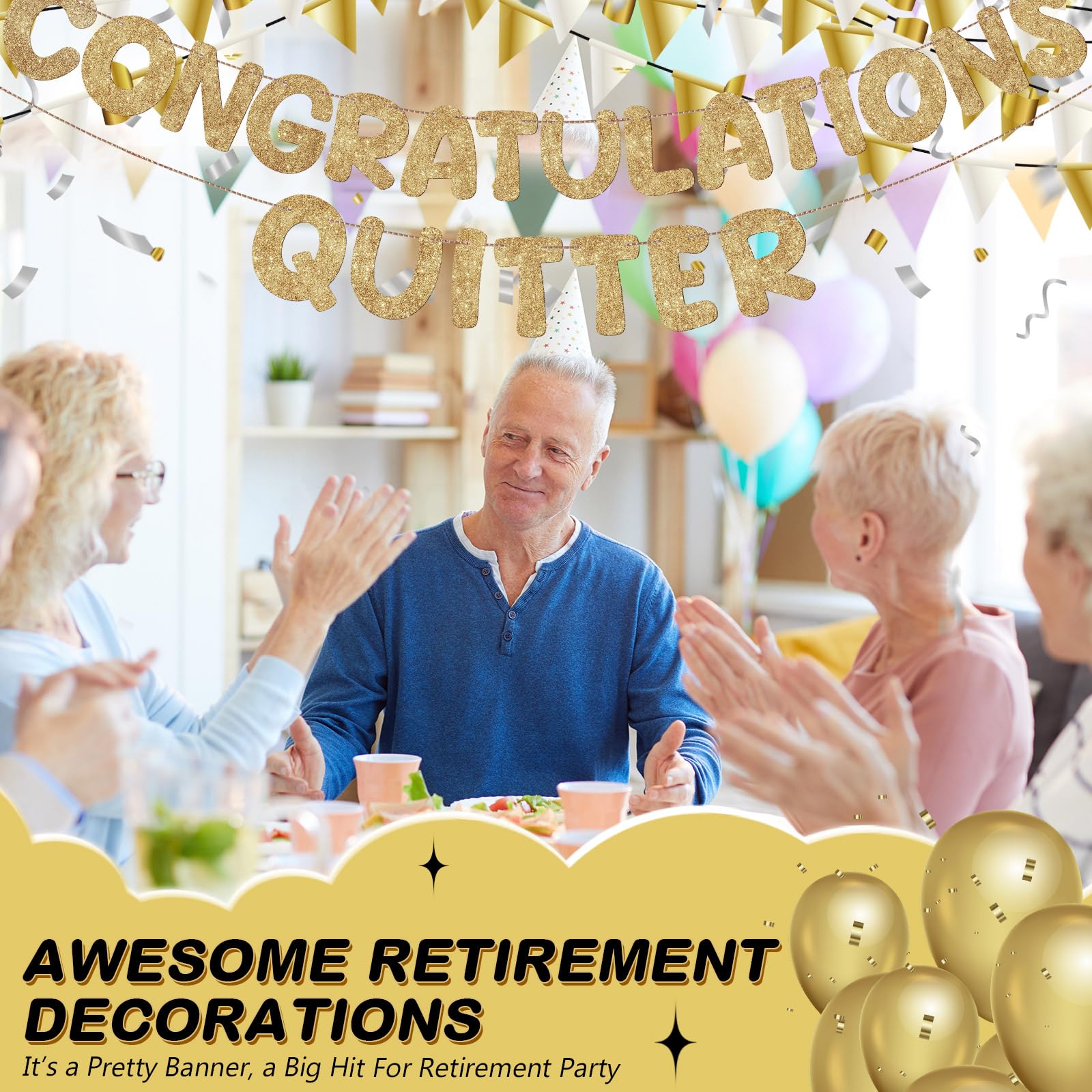 Fulmoon Congratulations Quitter Retirement Banner Glitter,Champagne Gold