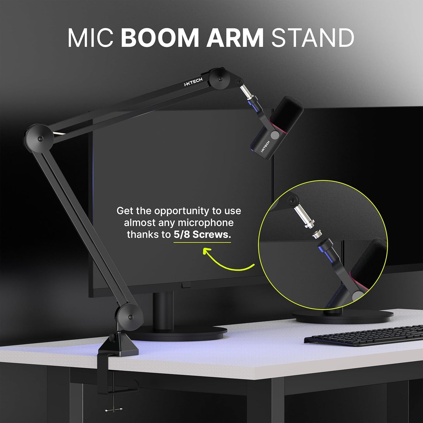 IXTECH Microphone Boom Arm Stand, Heavy Duty Adjustable Mic Stand with Cable Ties, Desk Mount Arm Stand for Gaming Streaming Podcasting.