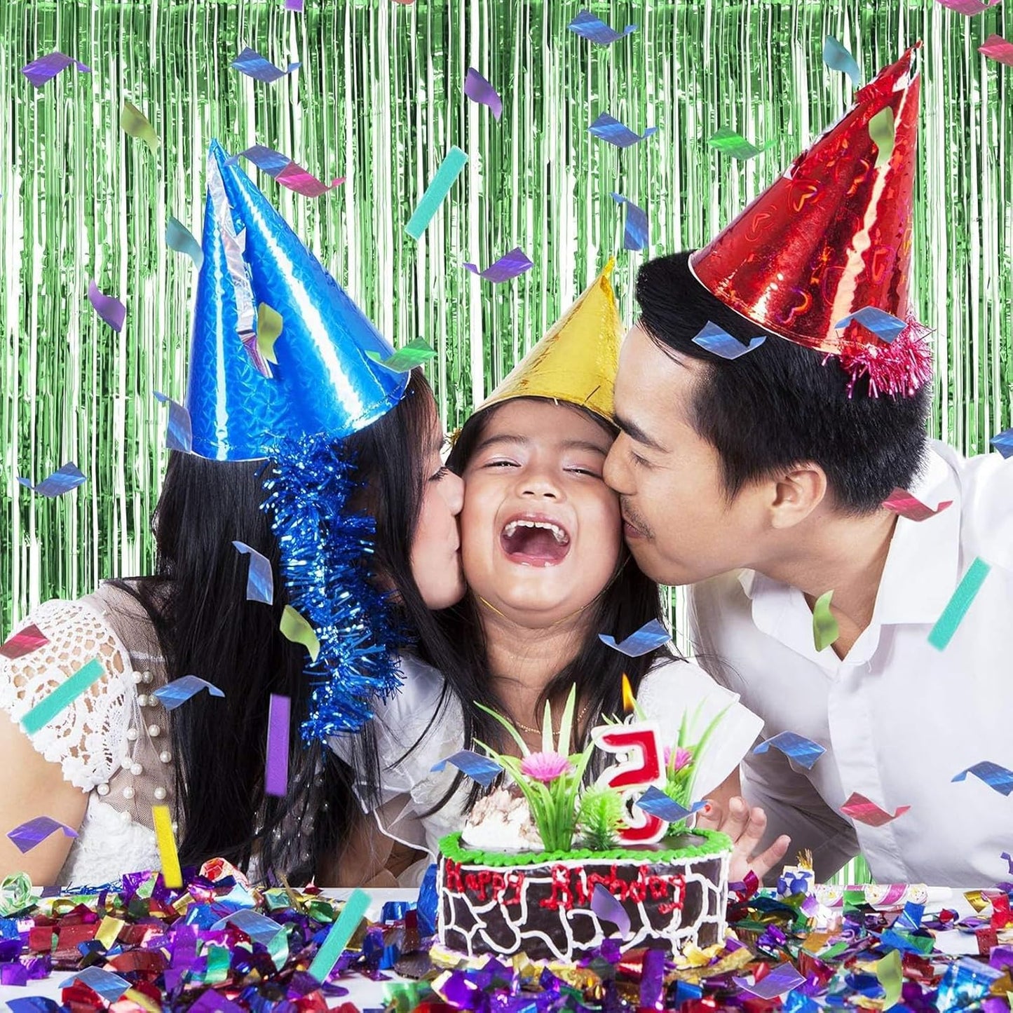 BEISHIDA 4 Pcs Green Door Streamers Tinsel Curtain Party Streamers Backdrop Fringe Foil Wall Background for Birthday Halloween Christmas Wedding Party Decoration(3.28 ft x 6.56 ft)