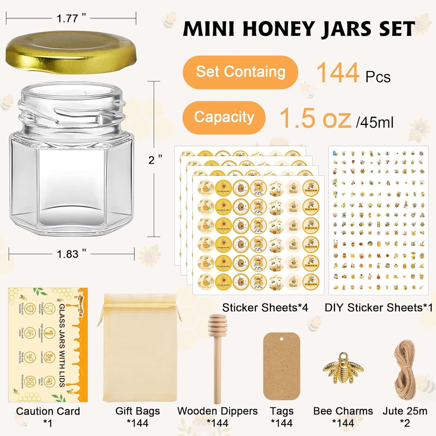 144Pcs 1.5 oz Mini Hexagon Glass Honey Jars with Dippers, Gold Lids, Bee Stickers, Bee Charms, Gift Bags & Jute–Empty Small Honey Jars for Party Favors Bulk, Ideal for Baby Showers ＆ Weddings