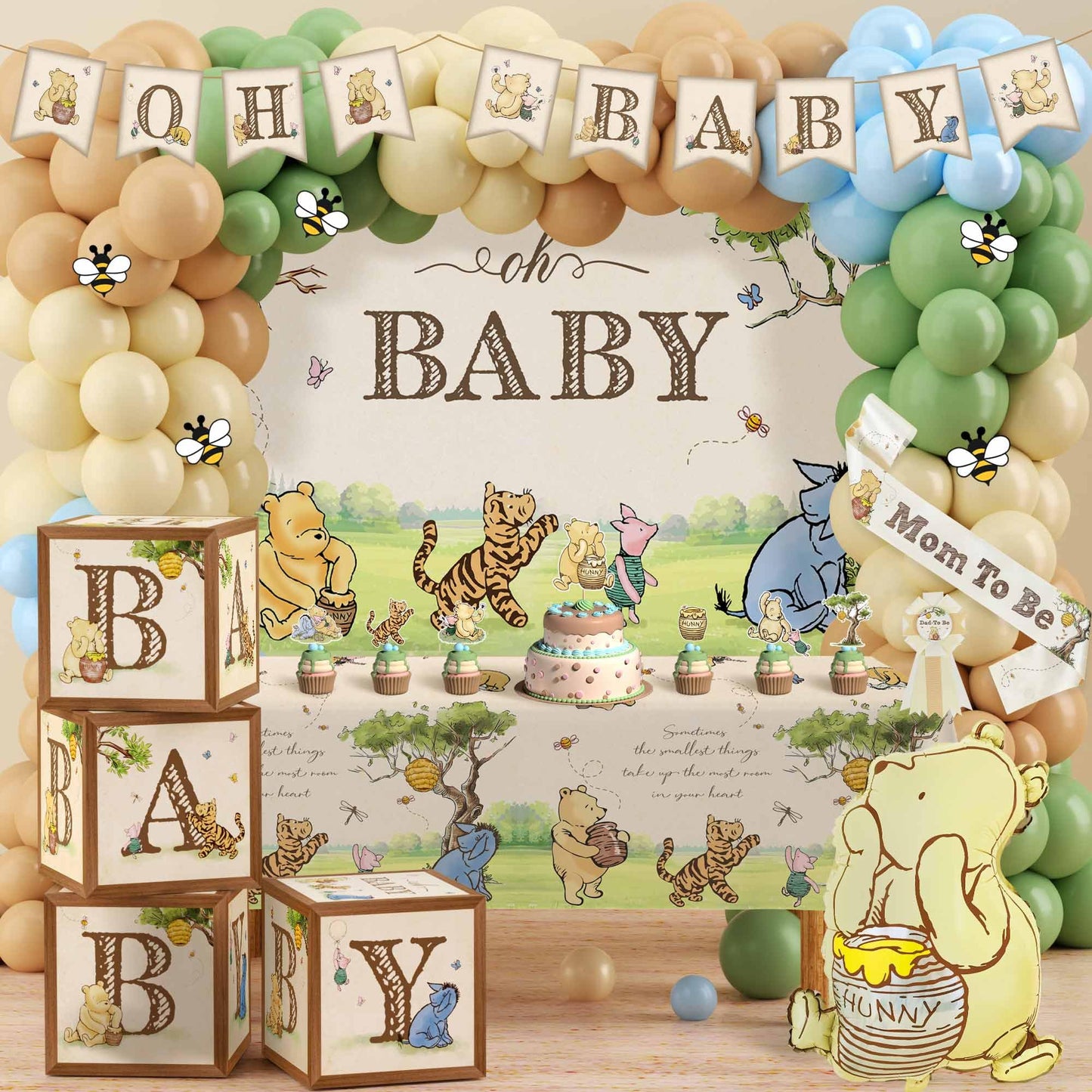 Classic Winnie Bear Baby Shower Decorations, Neutral All-In-One Pooh Baby Shower Balloon Arch Baby