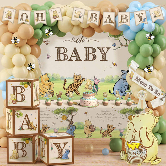 Classic Winnie Bear Baby Shower Decorations, Neutral All-In-One Pooh Baby Shower Balloon Arch Baby