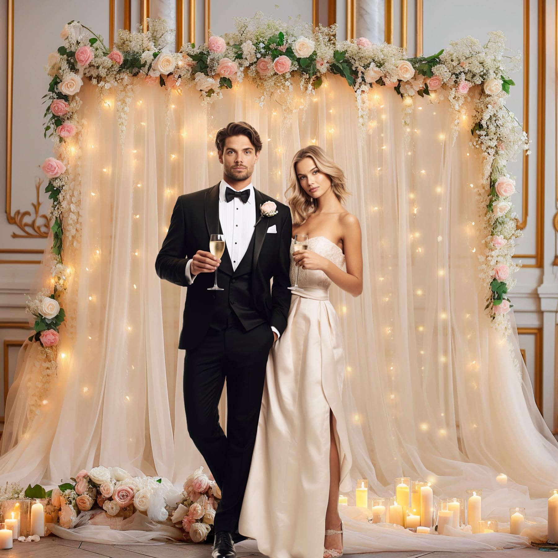 10x10ft Champagne Tulle Backdrop Curtain with Lights String for Parites, Sheer Backdrop Curtains