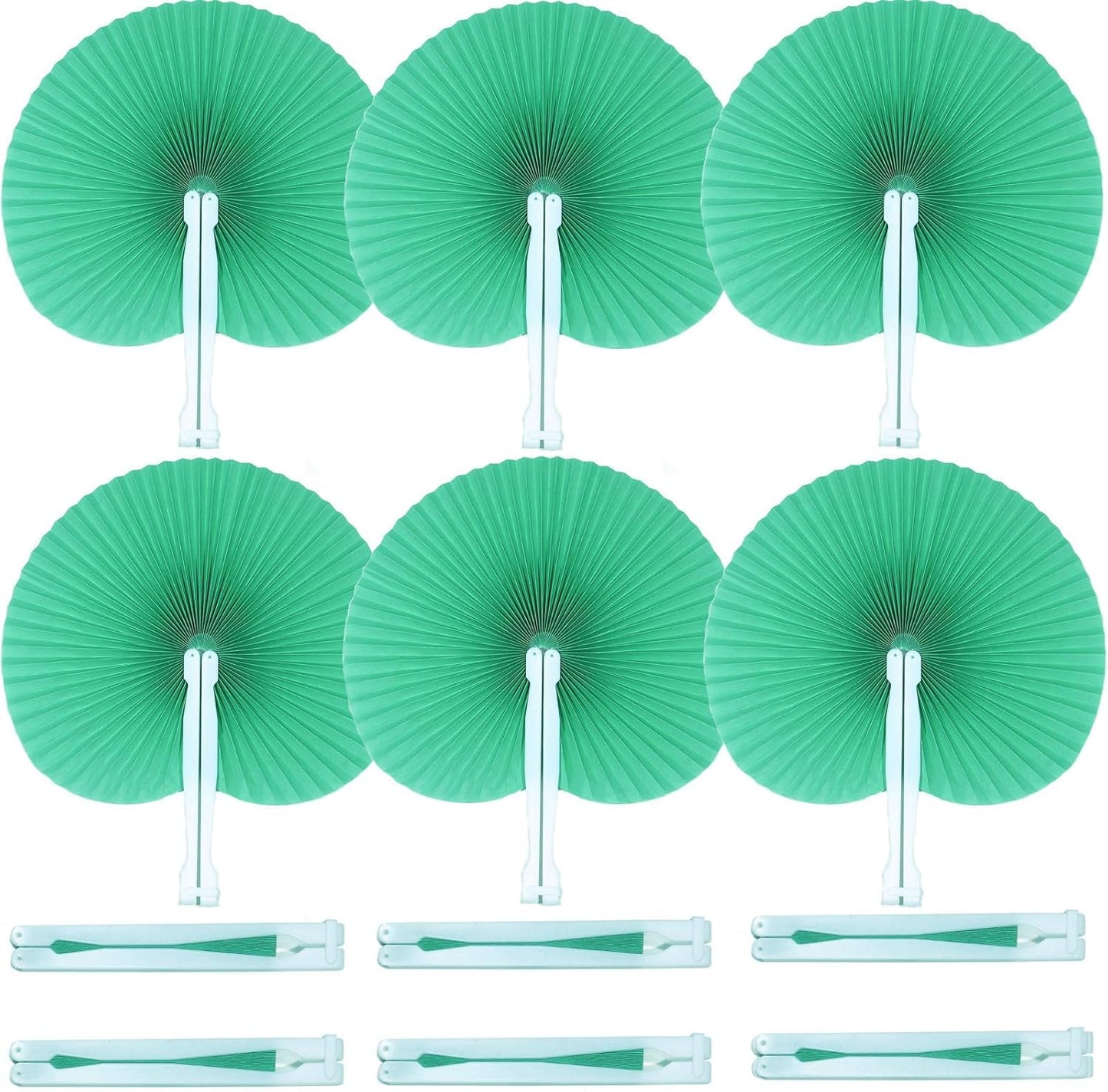 12 Packs Decorative Paper Folding Hand Fans Handheld,Green Round Foldable Wedding Fans Chinese and Japanese Fans Bulk for Bridal Guest Church Party Favors Dancing Birthday DIY