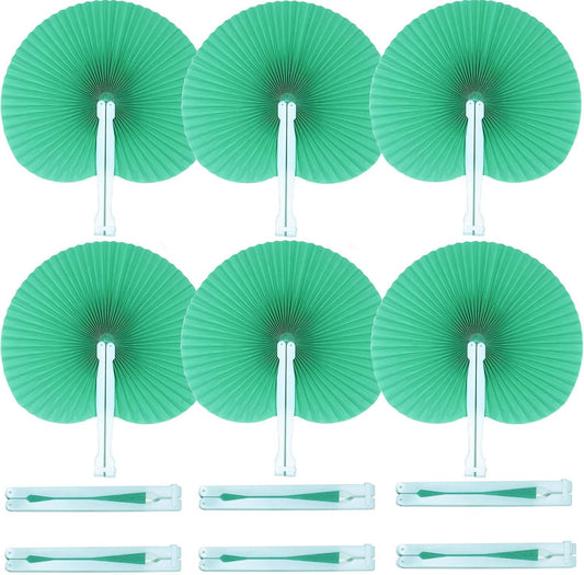 12 Packs Decorative Paper Folding Hand Fans Handheld,Green Round Foldable Wedding Fans Chinese and Japanese Fans Bulk for Bridal Guest Church Party Favors Dancing Birthday DIY