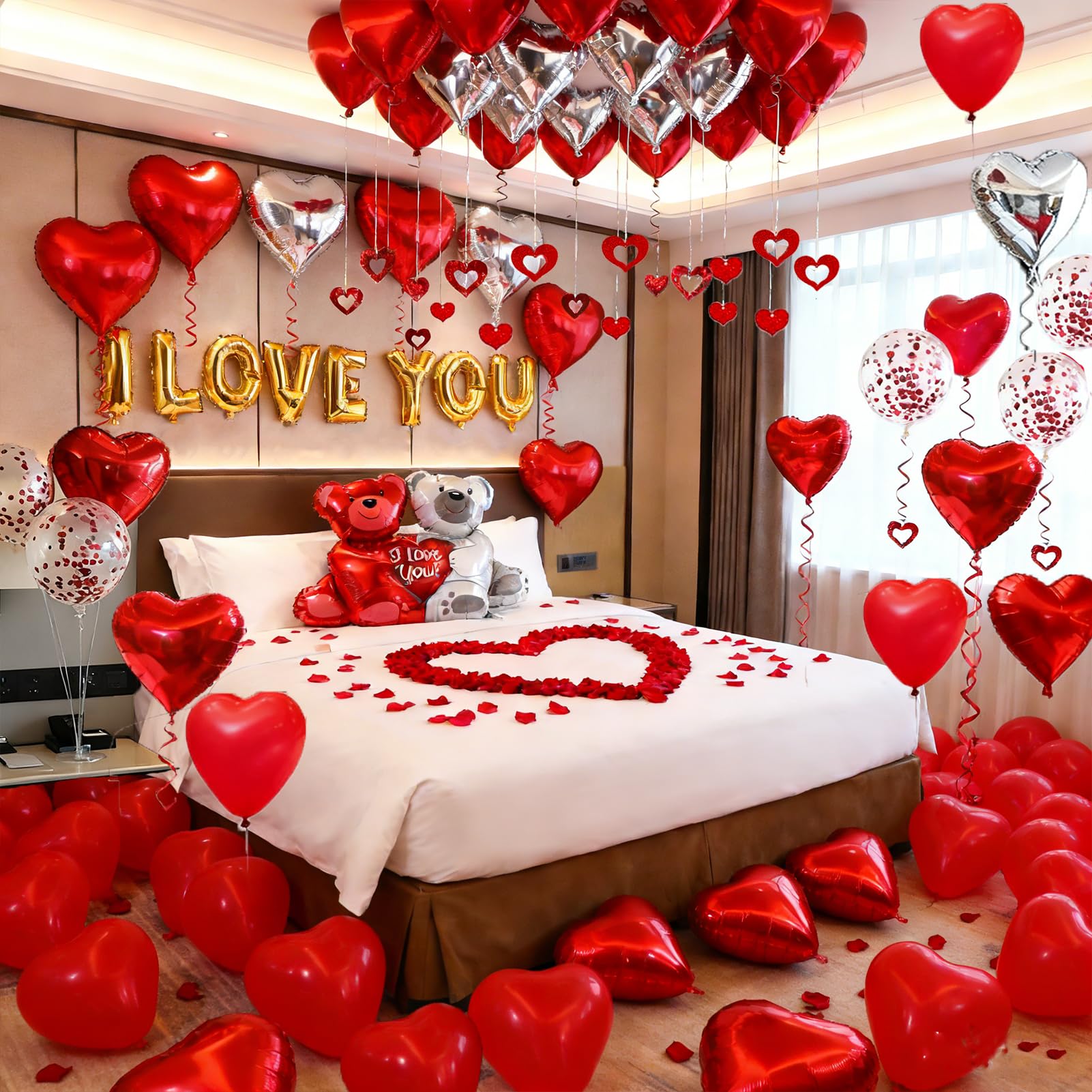 54pcs I Love You Heart Balloons Valentines Decoration with 50 Hanging 1000 Silk Rose Petal Bear