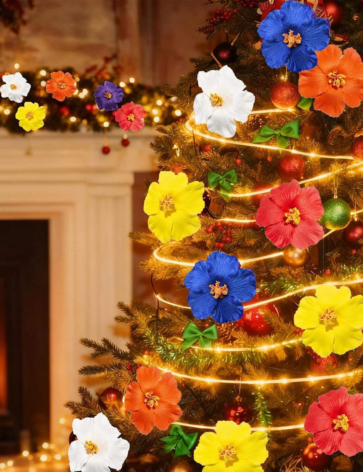 5 PCS Hawaiian Hibiscus Artificial Flowers for Christmas Tree Wreath DIY Ornaments 3.74 Inch Faux Flower for Wreath Garland New Year Party Wedding Home Party (5, Red Orange White Blue Green)