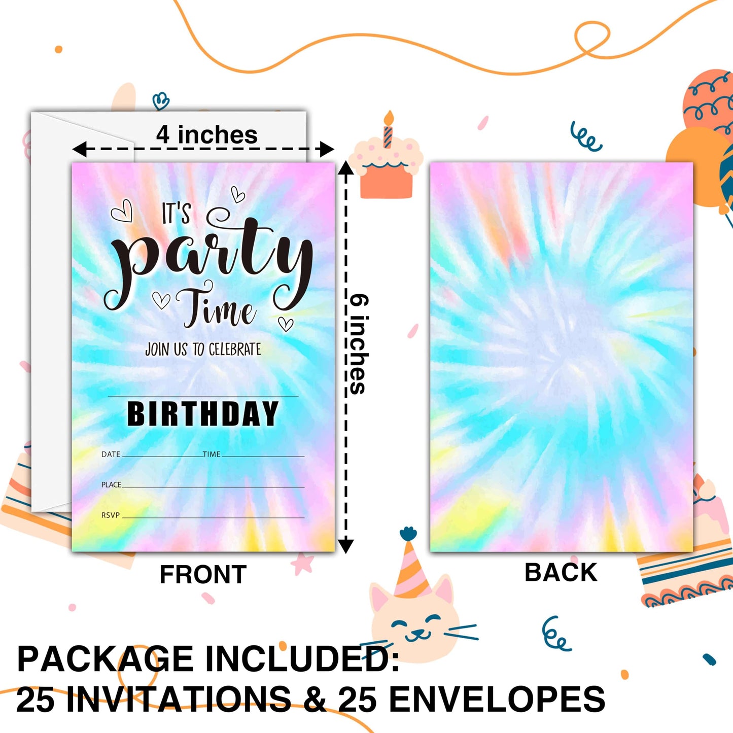 seclate Tie Dye Theme Birthday Invitations, 25 Double-Sided It's Party Time Invitation Cards with