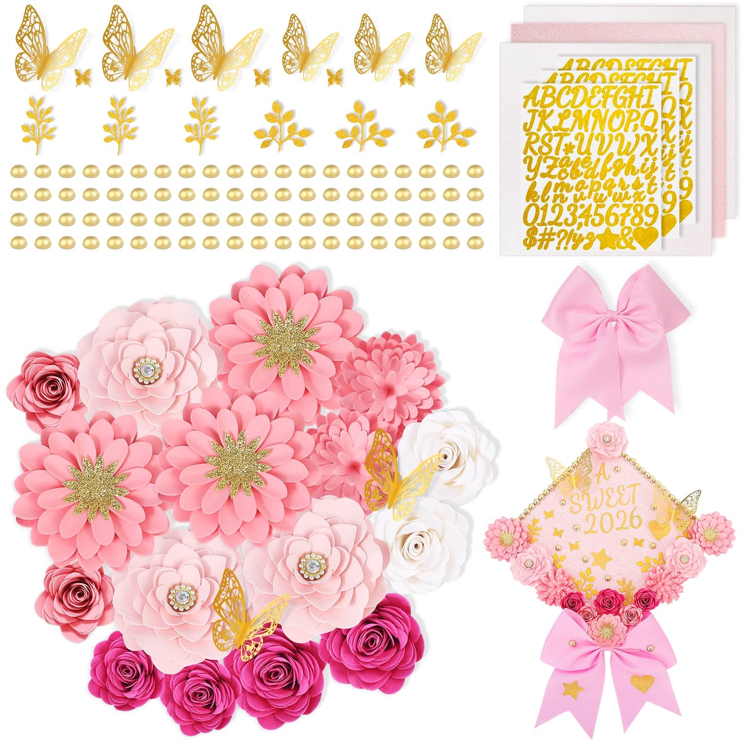 Premium Graduation Cap Topper Kit 2026 with 350g Glitter Cardstock Base - 3D Paper Flowers