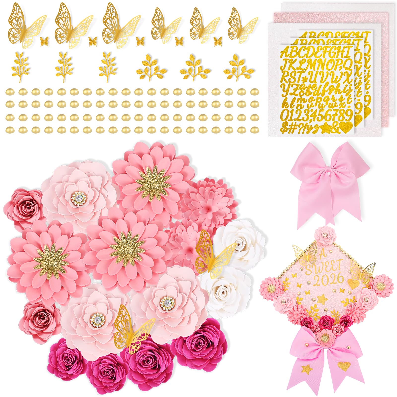 Premium Graduation Cap Topper Kit 2026 with 350g Glitter Cardstock Base - 3D Paper Flowers