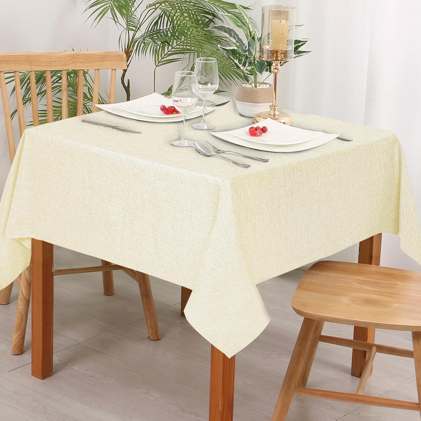 Hiasan Faux Linen Square Tablecloth - Wrinkle and Stain Resistant Washable Table Cloth for Kitchen Dining Room Holiday Table Cover for Dinner, Champagne, 70 x 70 Inch