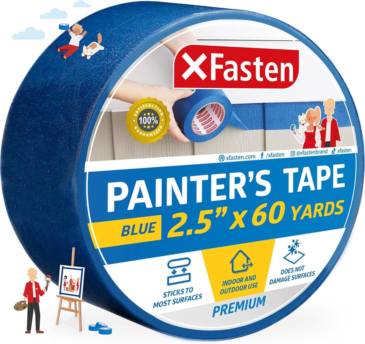 XFasten Professional Blue Painters Tape 2.5-Inches x 60-Yards (Single Pack) Blue Painters Masking Tape Bulk - Sharp Edge Line Technology, Produces Sharp Lines | Residue-Free Wall Trim Tape