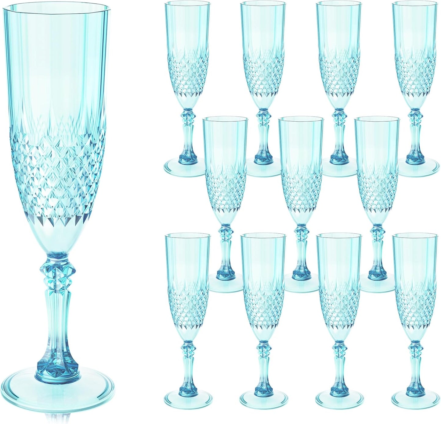 Plastic Champagne Flutes, 12PCS Light Cyan Wine Glasses Goblets Cups Reusable Flute, for Weddings Bachelor Parties Toasting and Events(12, Light Cyan)