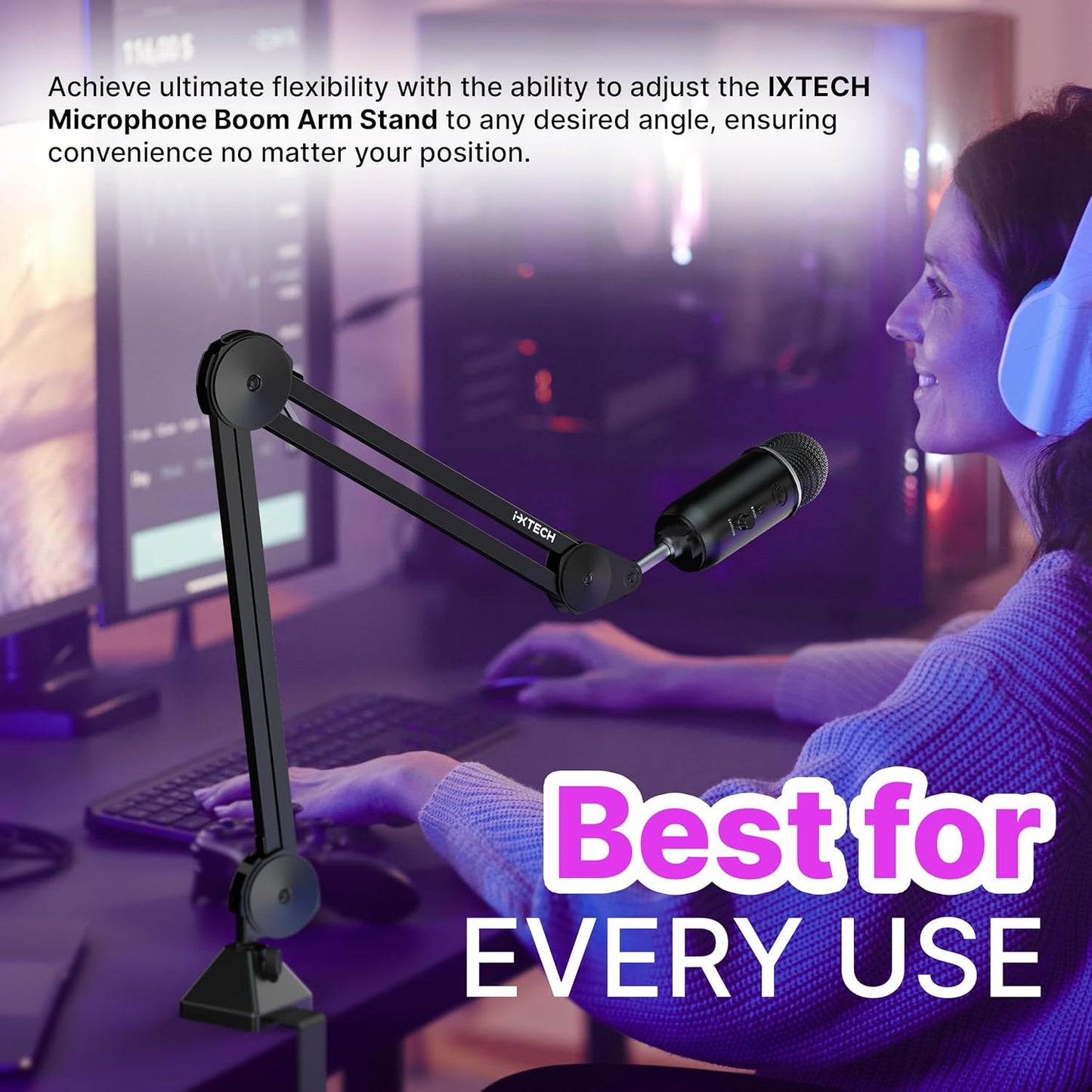IXTECH Microphone Boom Arm Stand, Heavy Duty Adjustable Mic Stand with Cable Ties, Desk Mount Arm Stand for Gaming Streaming Podcasting.