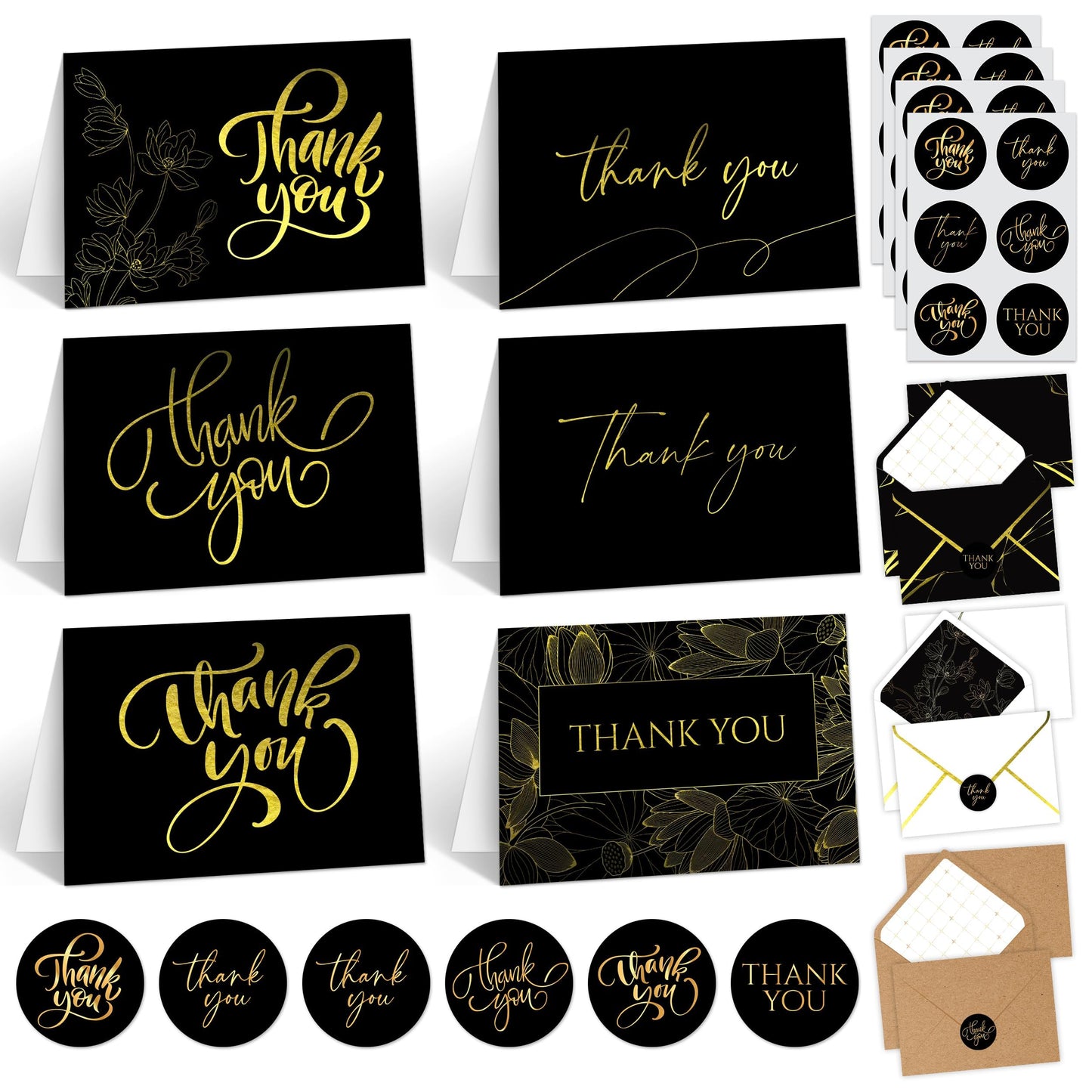 Decorably 24 Pack Gold Foil 6x4in Black Thank You Cards with Envelopes