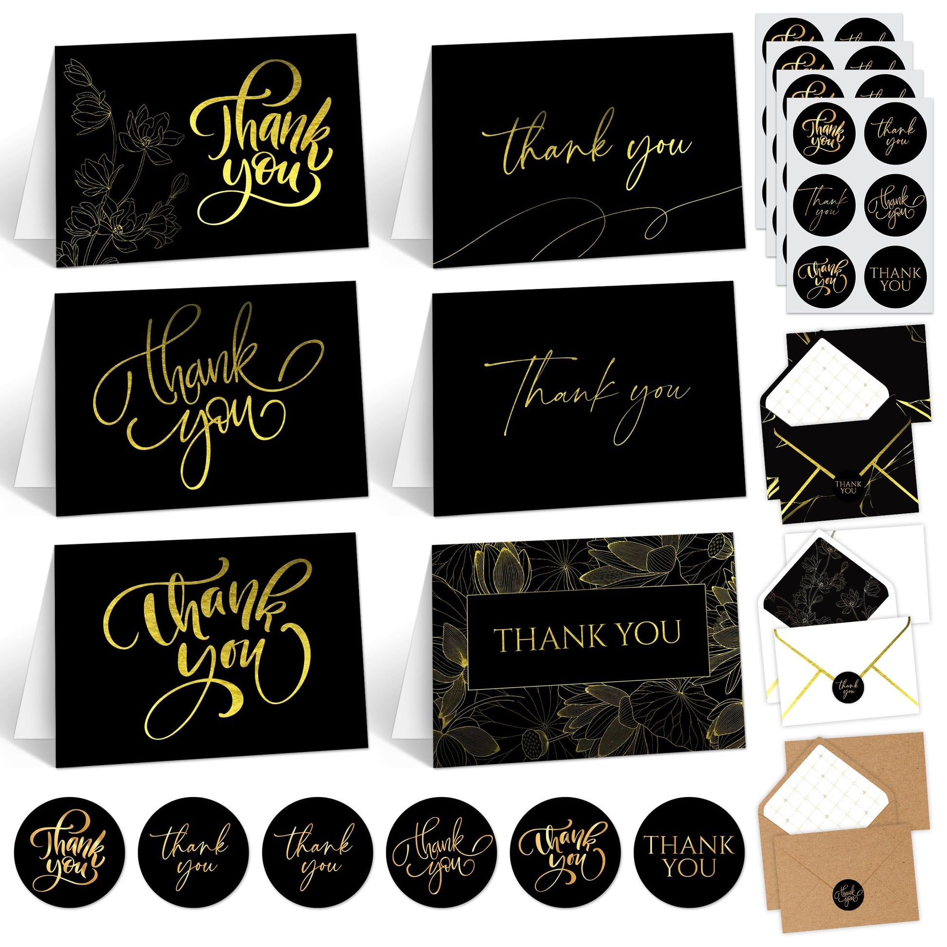 Decorably 24 Pack Gold Foil 6x4in Black Thank You Cards with Envelopes