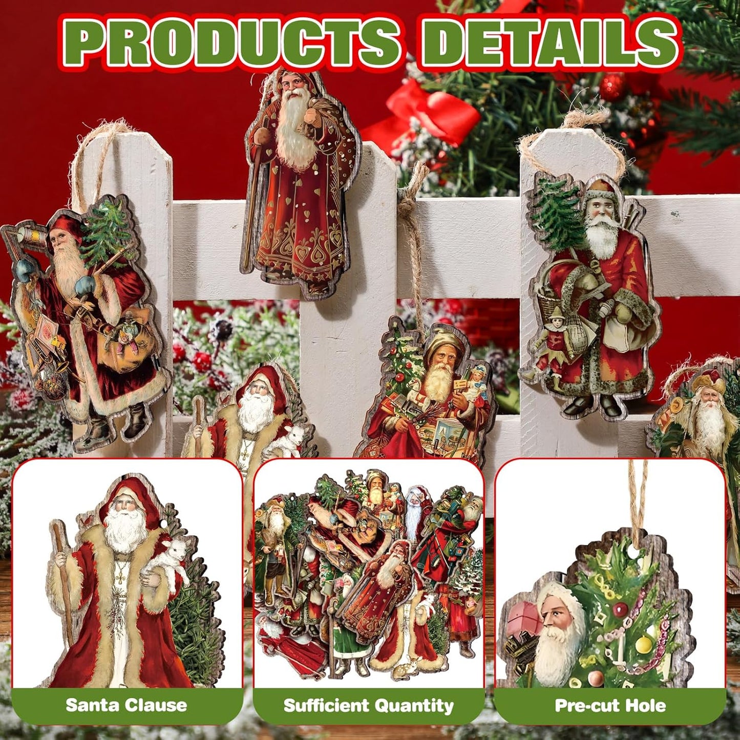 Suzile 36 Pcs Christmas Wooden Ornaments Vintage Christmas Tree Decorations Santa Claus Ornaments for Tree Wreaths Xmas Hanging Wood Cutouts Decor for Farmhouse Home Winter Holiday Party Favors