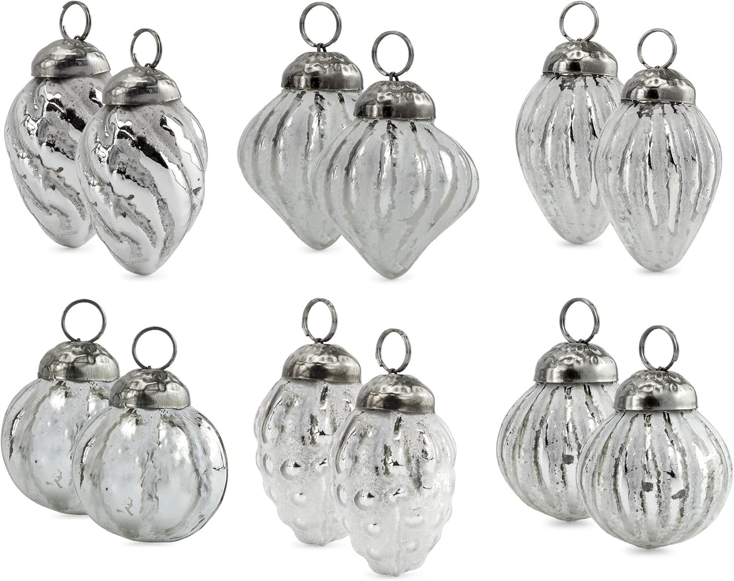 AuldHome Mercury Glass Finial Ornaments (Set of 12, Silver White, Small); Distressed Metal Antique Style Christmas Tree Decorations; 1.3 to 2-Inch Size
