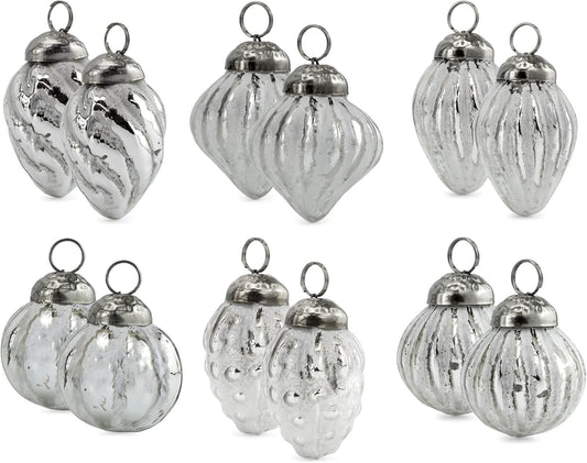 AuldHome Mercury Glass Finial Ornaments (Set of 12, Silver White, Small); Distressed Metal Antique Style Christmas Tree Decorations; 1.3 to 2-Inch Size
