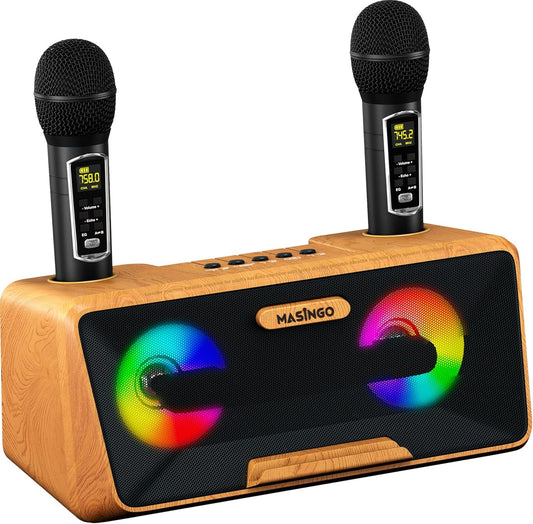 MASINGO Karaoke Machine for Adults and Kids with 2 Wireless Microphones, Portable Bluetooth Singing Speaker, Colorful LED Lights, PA System, Lyrics Display Phone Holder, and TV Cable. Presto G2 Wood