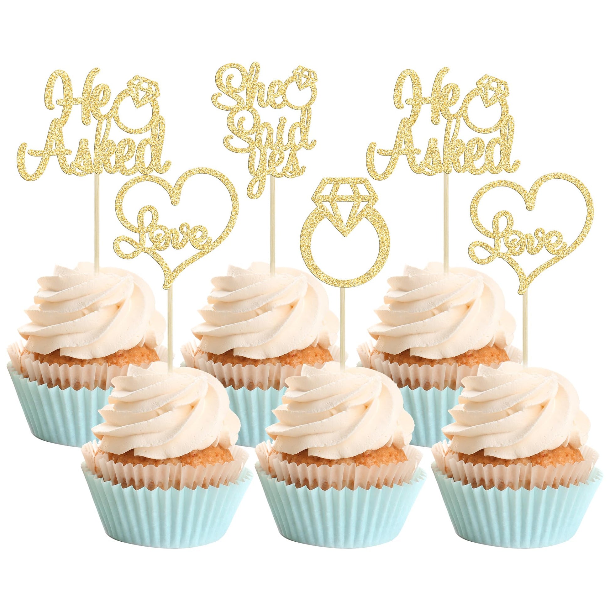 Gyufise He Asked She Said Yes Cupcake Toppers Gold Glitter Diamond Ring Heart Love Cake Picks for