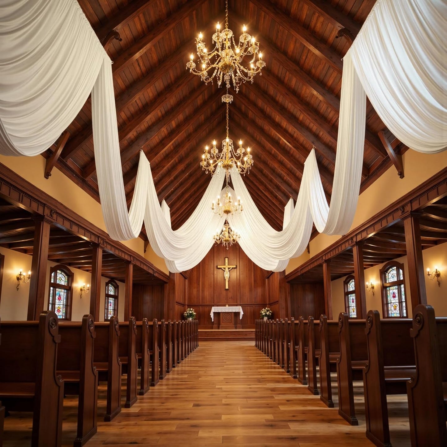 PartyVillage 2 Panels 5ftx30ft White Ceiling Drapes for Wedding Parties – 30 FT Extra Long Thick Polyester Wrinkle-Free Drapery Tent Decor Decorations for Birthday Party Ceremony Stage Swag