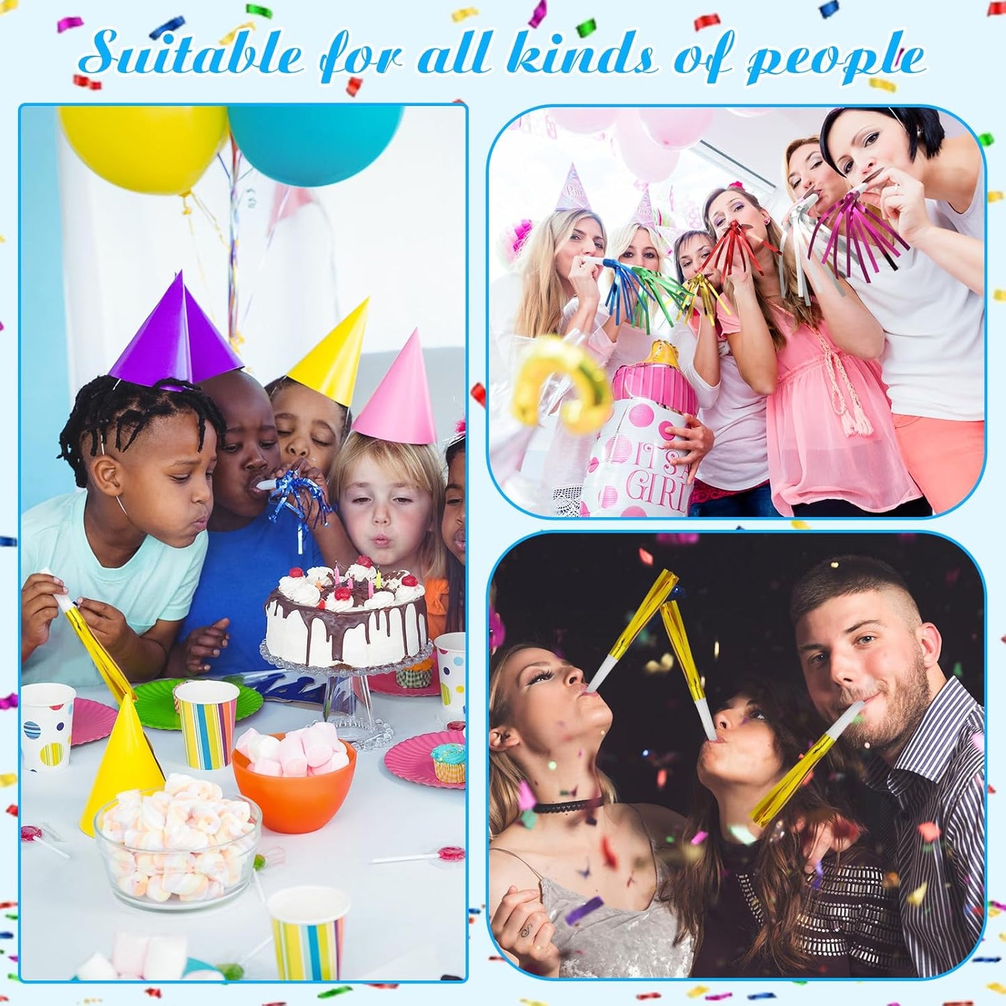 48 Pcs Gold Noise Makers Glitter Metallic Fringed Noise Makers Horns for Baby Shower, Kids Birthday, New Year Party Favor - Gold