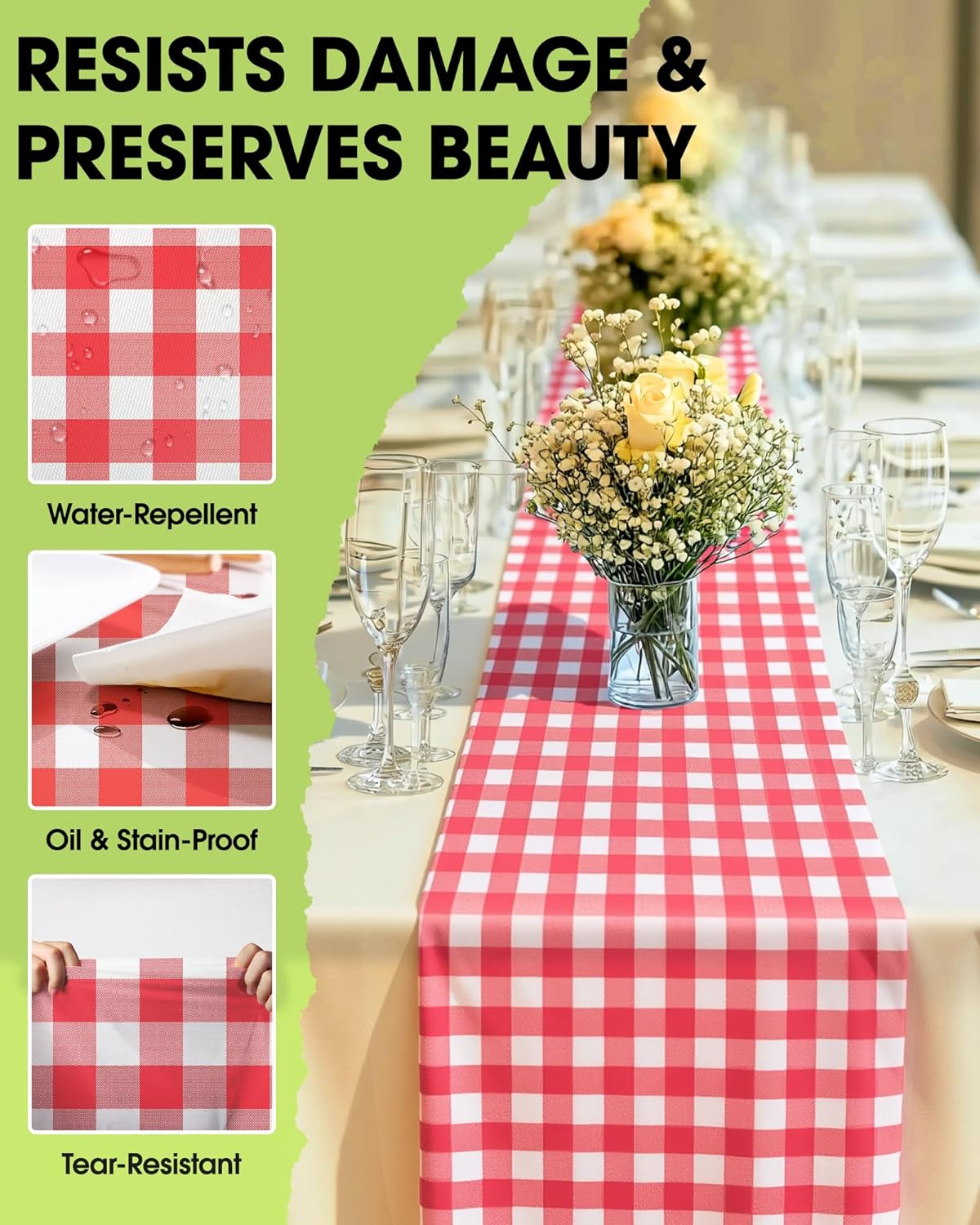 Pureegg Gingham Plastic Table Runners - 10 Pack, 14'' x 108'', Water Resistant & Disposable Plaid Centerpiece Decorations for Table Cloth, Birthday, Holiday, Party, Red and White Checkered Home Decor