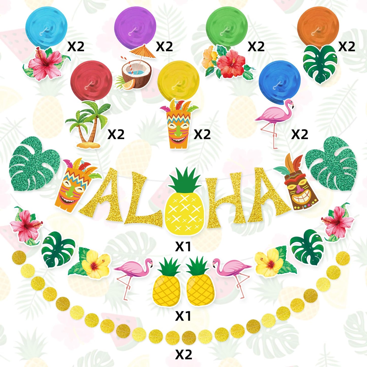 Pre-Strung Hawaiian Aloha Party Banner Decorations, Large Flamingo Tiki Tropical Party Decorations