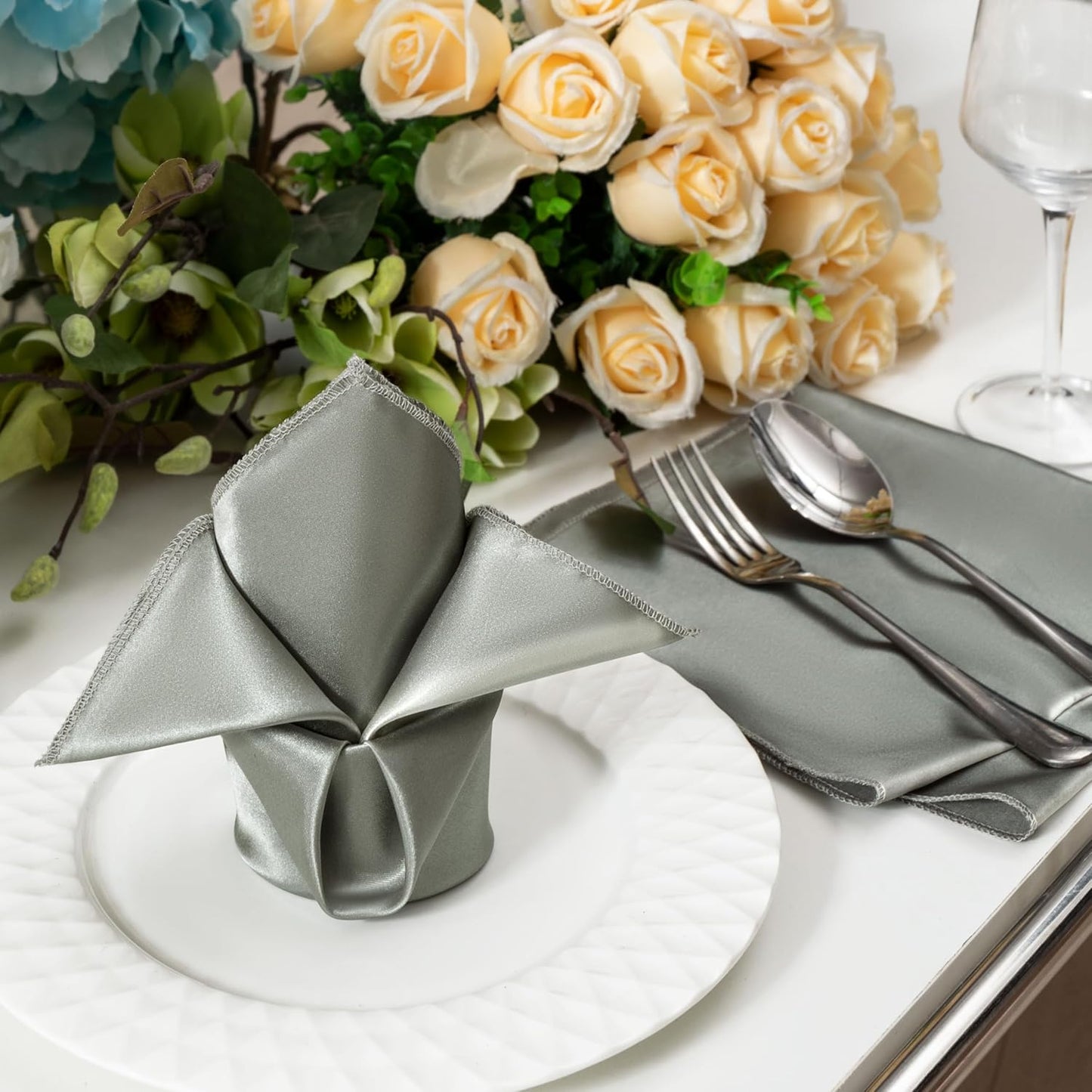 36 Pack Square Satin Dinner Napkins, 16x16 Inches Silky Soft Smooth Table Cloth Napkins for Restaurant Weddings Banquet Party Decoration, Dark Grey