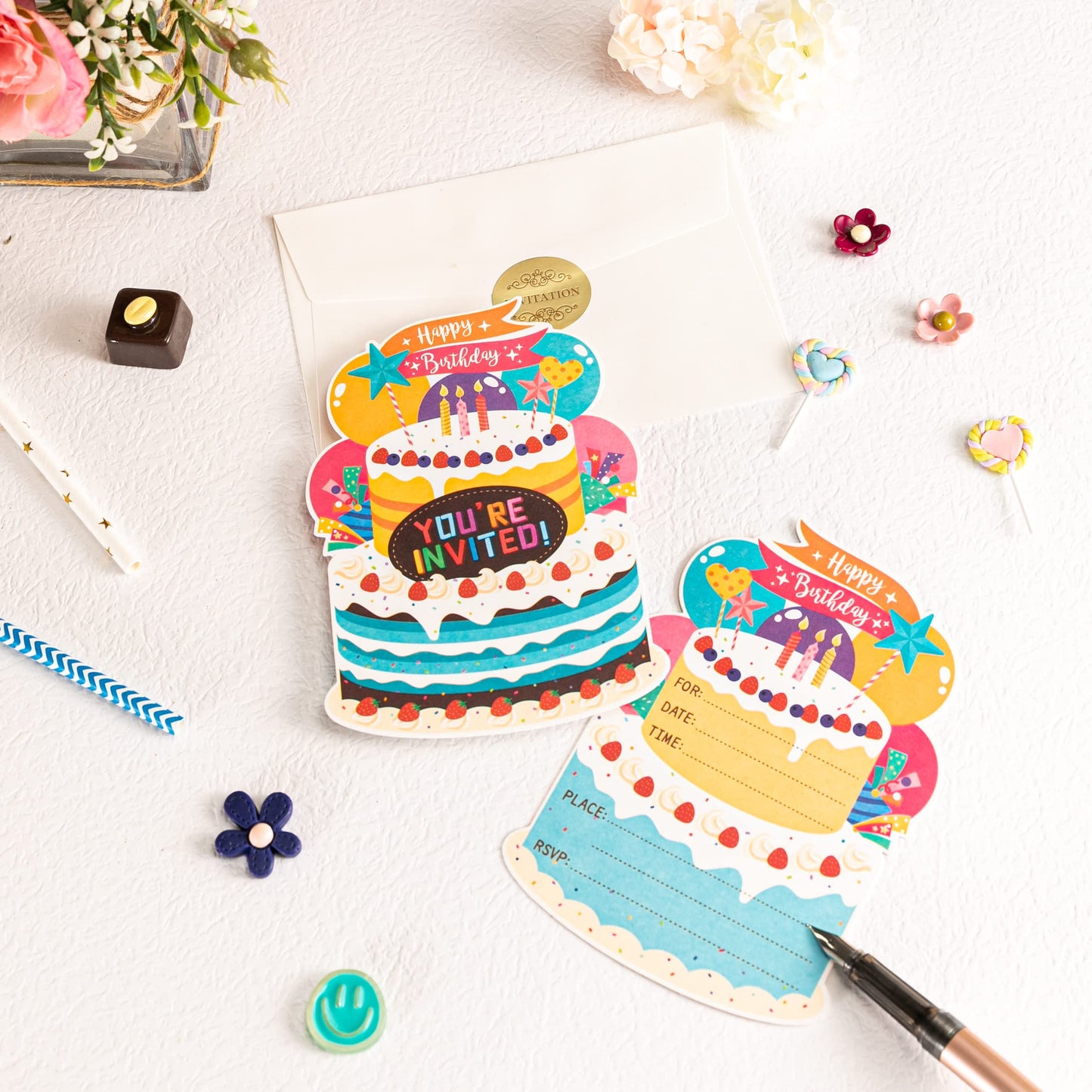 WISHGIFT 25Pcs/Set Birthday Party Cake Invitations with Envelopes, Kids Birthday Party Invitations