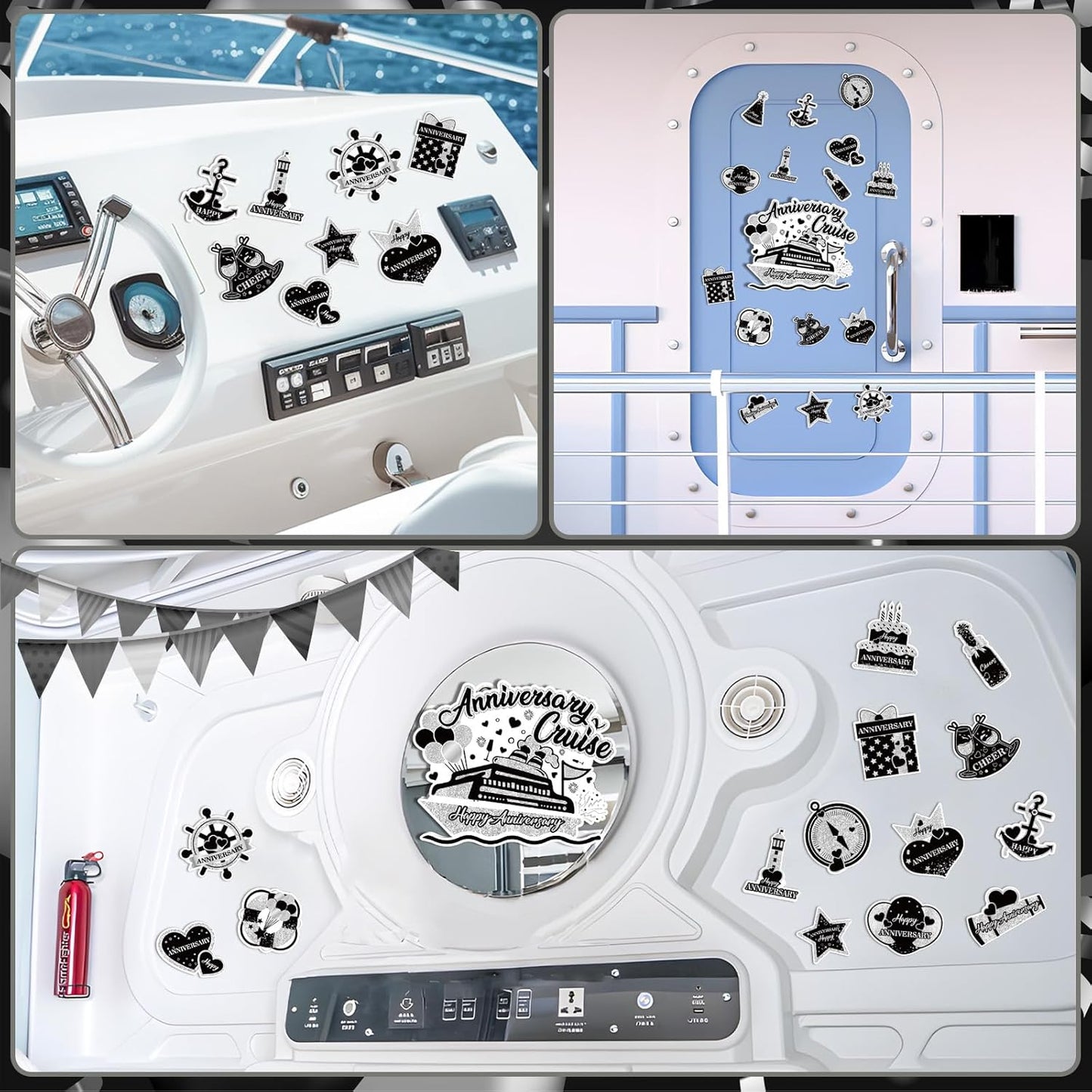 Happy Anniversary Cruise Door Magnets Decorations,Black Silver Happy Anniversary Cruise Ship Door Decor Magnetic for Married Men Women Wedding Party Refrigerator Fridge Car Kitchen Garage Personalized