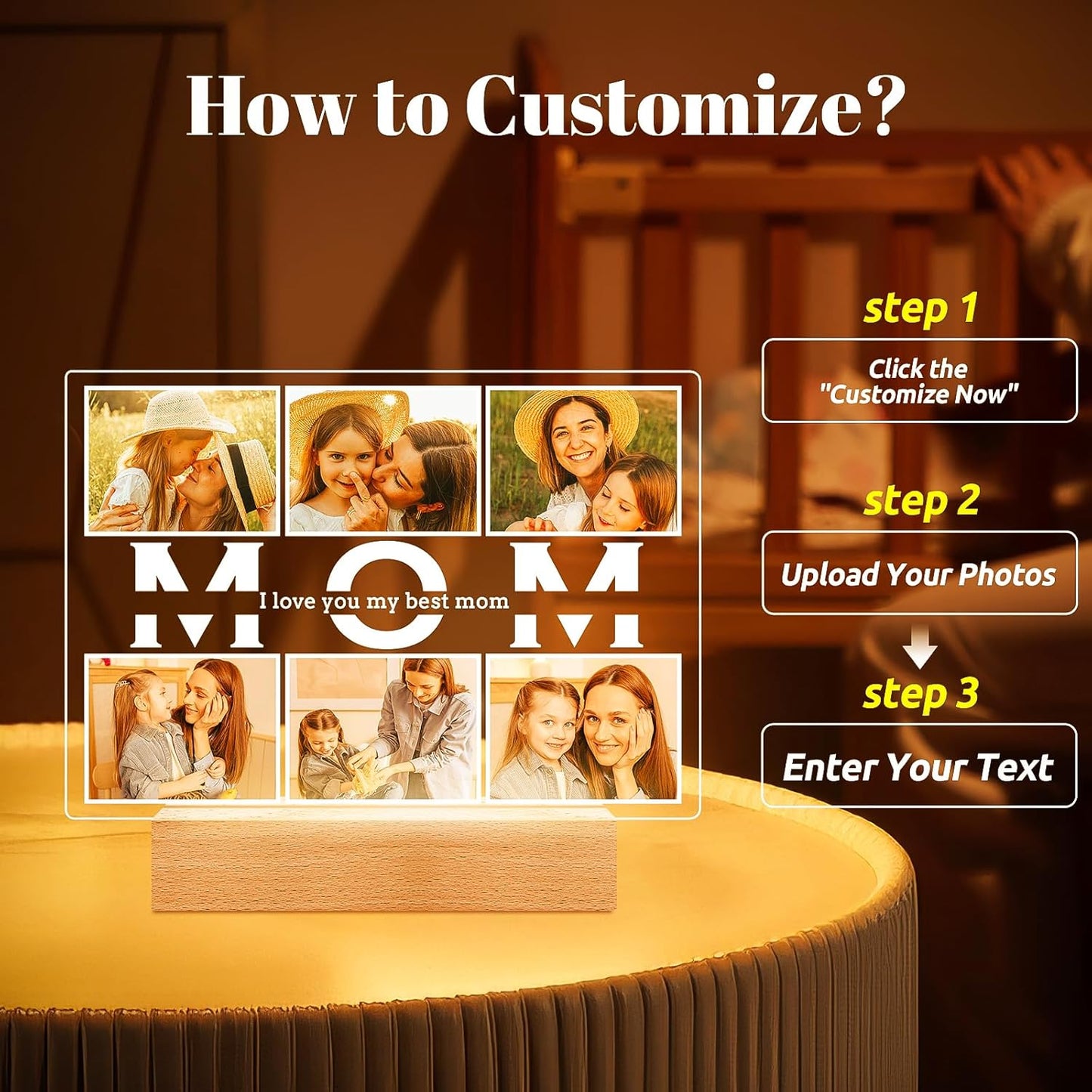 Personalized Birthday Gifts for Mom from Daughter Son, Custom Collage Picture Frames with Photos, Customized MOM Photo Frame with Night Light, Personalized Gifts for Mom Kids Baby Family