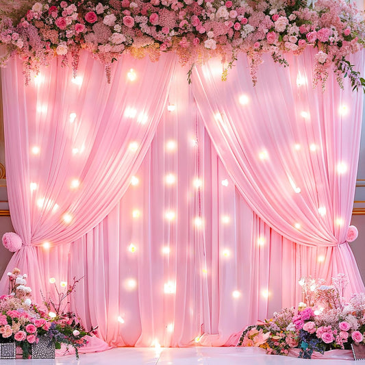 Pink Backdrop Curtains with Lights for Parties,10x10FT Wrinkle Free Polyester Wedding Photo Backdrop Curtains for Baby Shower Birthday Ceremony Reception Home Party Decorations-5ft x 10ft,2 Panels