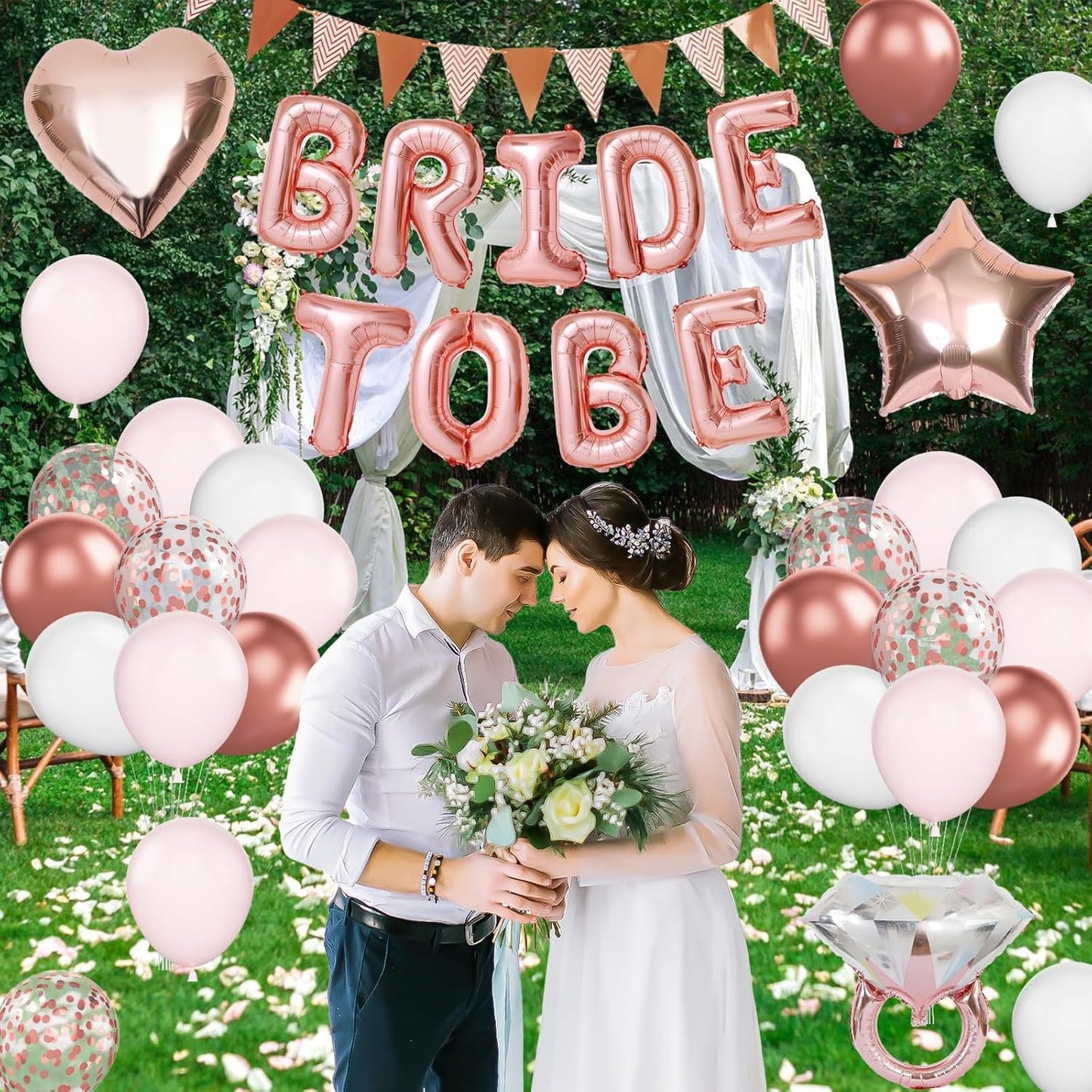 Rose Gold Bachelorette Party Decorations, Bride To Be Bridal Shower Balloons Decorations, Pink White Rose Gold Confetti Balloons and Diamond Ring Star Heart Balloon for Bachelorette Engagement Wedding