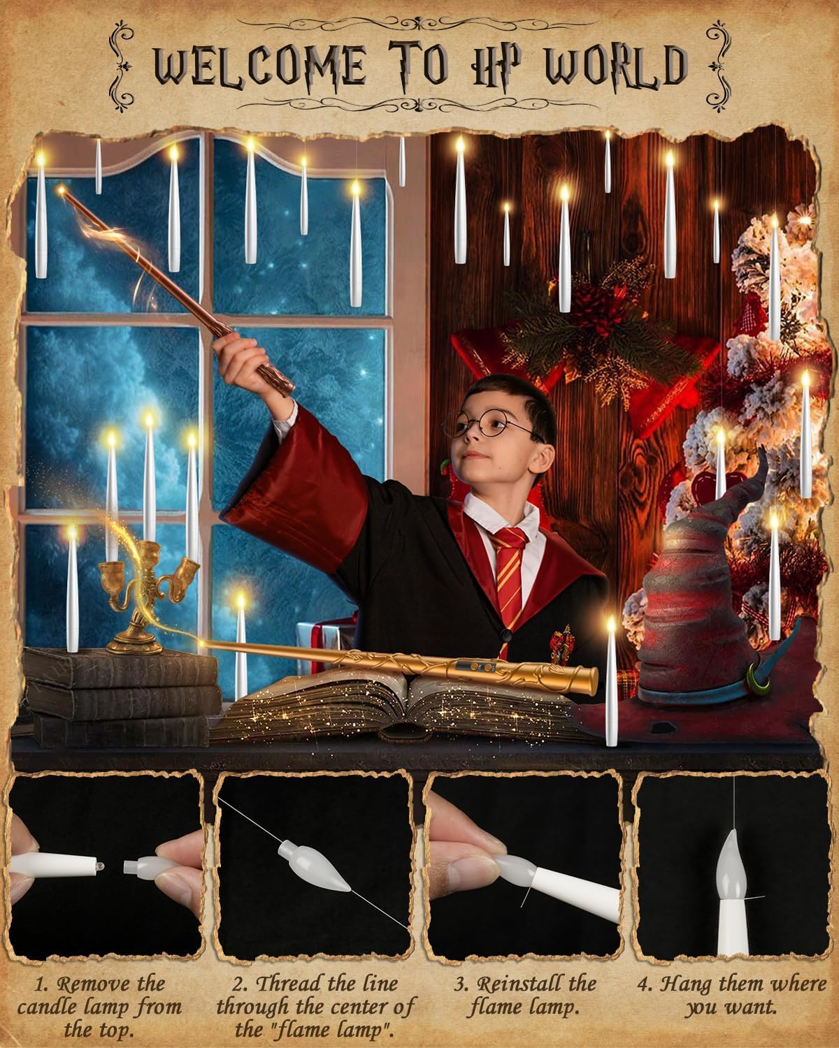 Floating Candles with Wand - 18 Pcs Halloween Decorations Magic Flameless Candles Flickering Warm Light Battery Operated LED Hanging Candles for Christmas Window Bedroom Birthday Party Decor