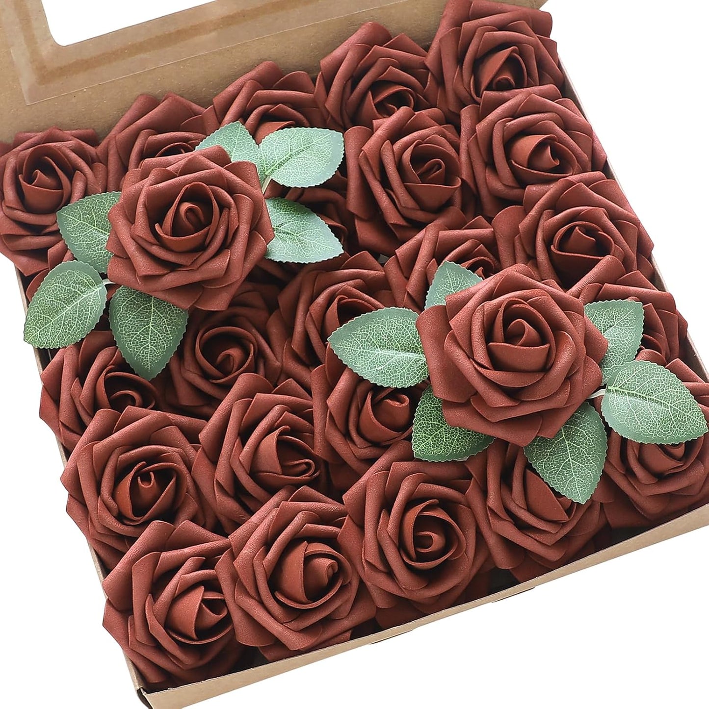 Floroom Artificial Flowers 25pcs Real Looking Terracotta Foam Fake Roses with Stems for DIY Wedding Bouquets Bridal Shower Centerpieces Floral Arrangements Party Tables Home Decorations