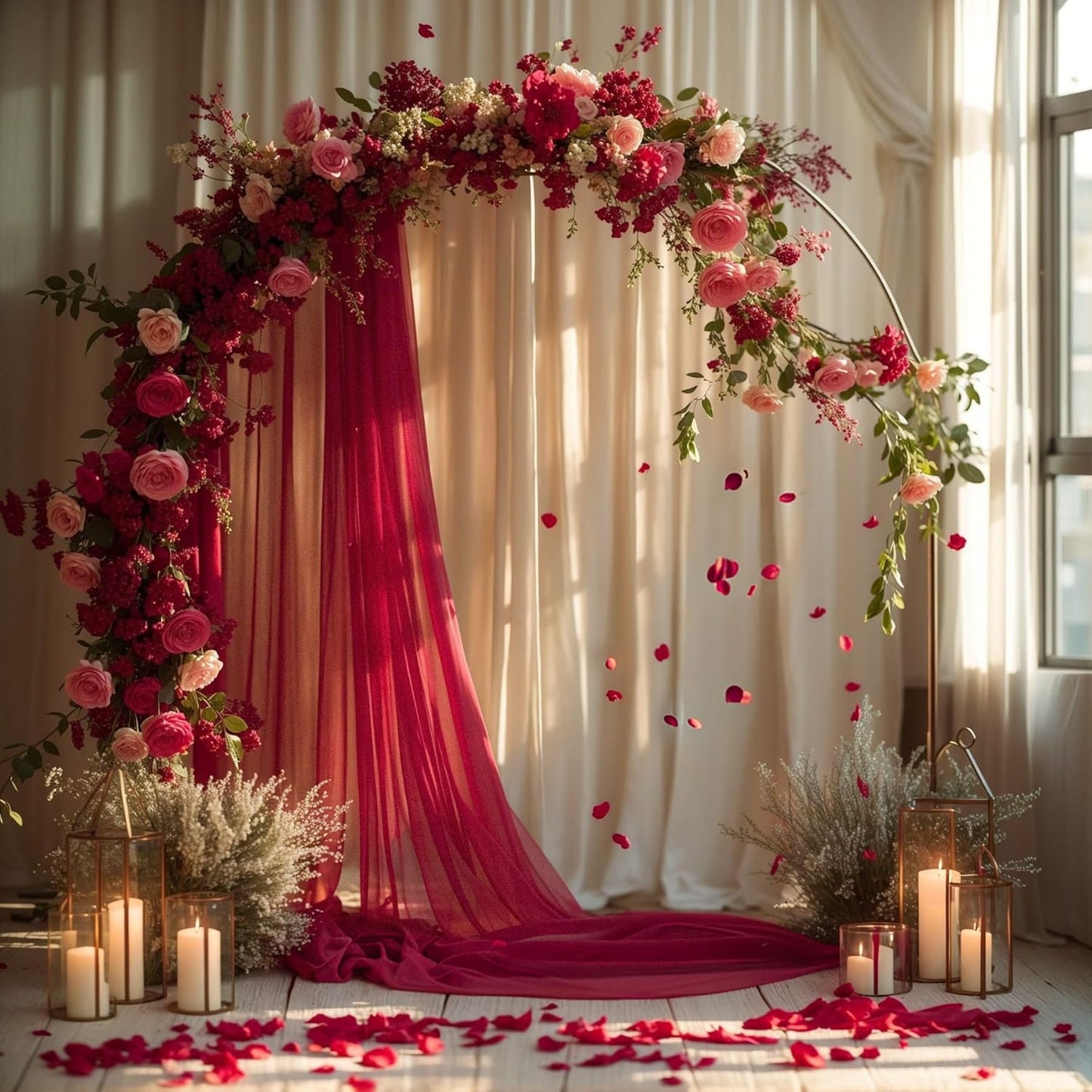 PARTISKY Wedding Arch Draping Fabric, 2 Panels Burgundy Sheer Backdrop Curtain Tulle Fabric Drapery for Arbor Wedding Archway Ceremony Party Ceiling Decor Backdrop