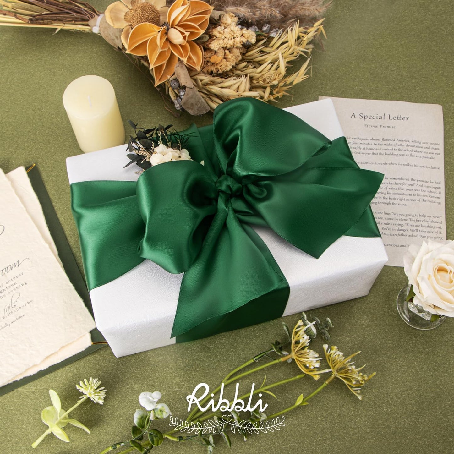 Ribbli Forest Green Satin Ribbon 4 Inch Wide Dark Green Ribbon for Wedding Chair Sash Grand Opening Ceremony Big Bows Gift Wrapping Floral Crafts Cake Decor-Double Faced Satin Continuous 10 Yards