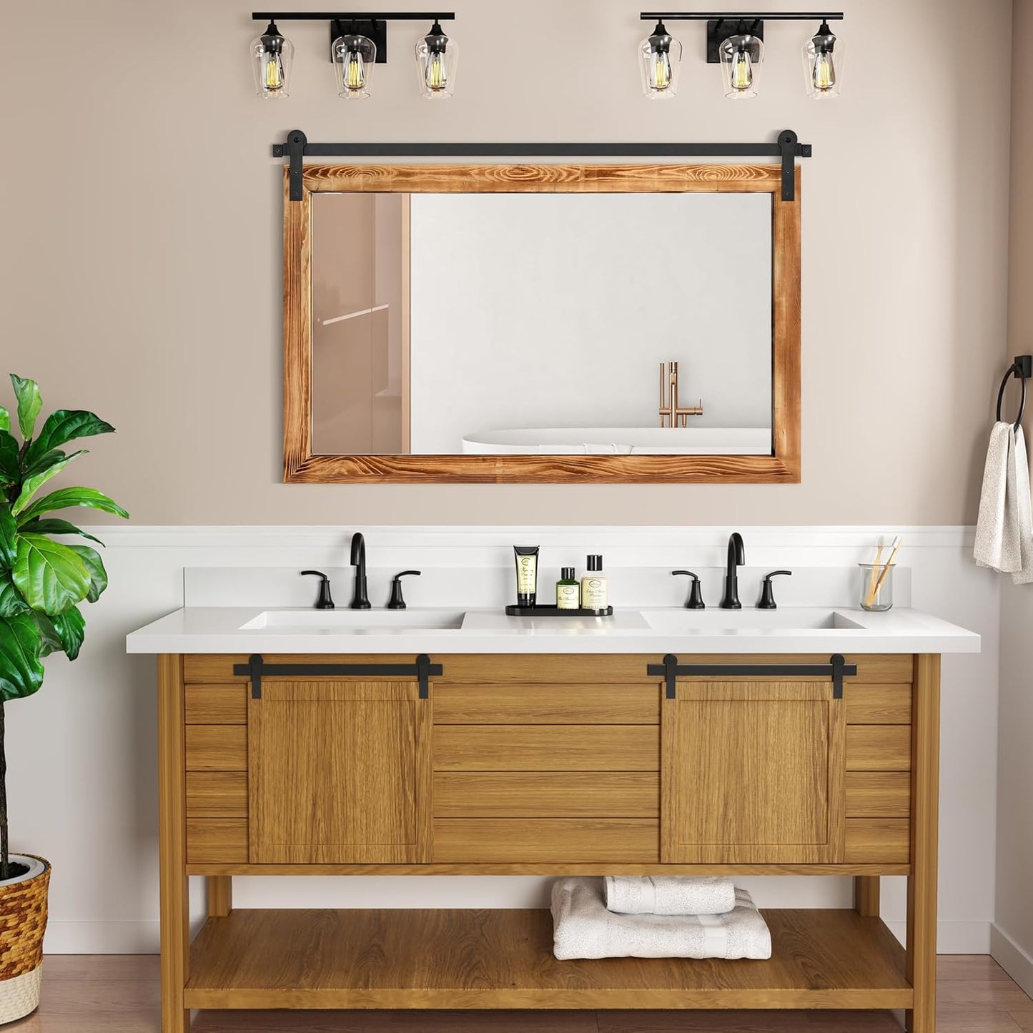 COGOOD Farmhouse Bathroom Mirror - 49 x 30 Rustic Wood Framed Wall Barn Door Mirror for Entryway, Living Room, Entryway Wall Decor (Brown)