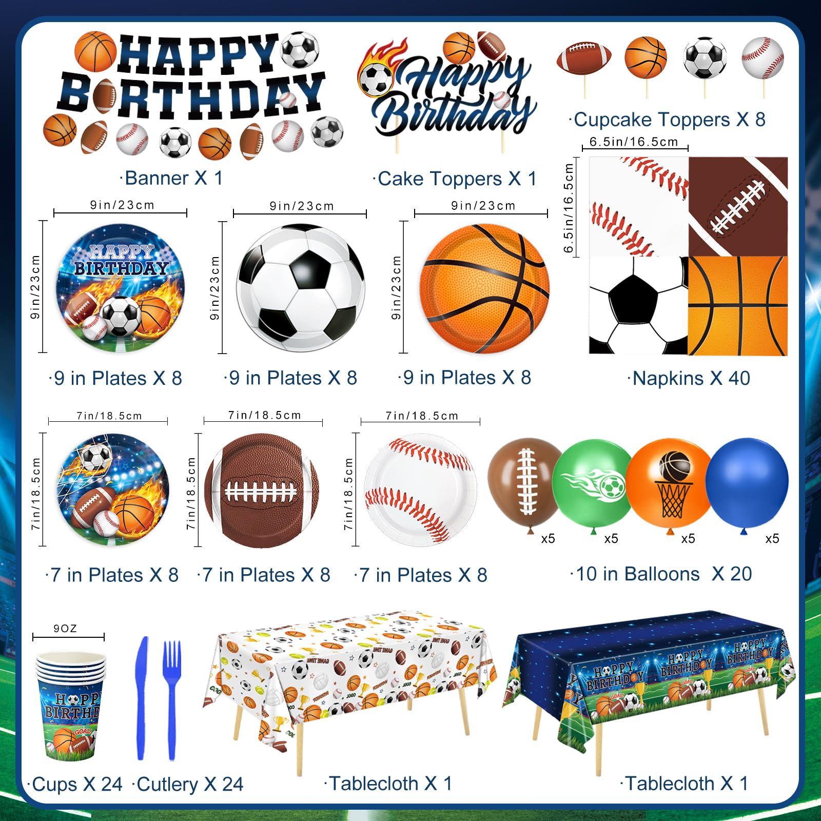 191 PCS Sports Birthday Party Decorations Includes Plates, Napkins, Cups, Knives, Forks, Banner