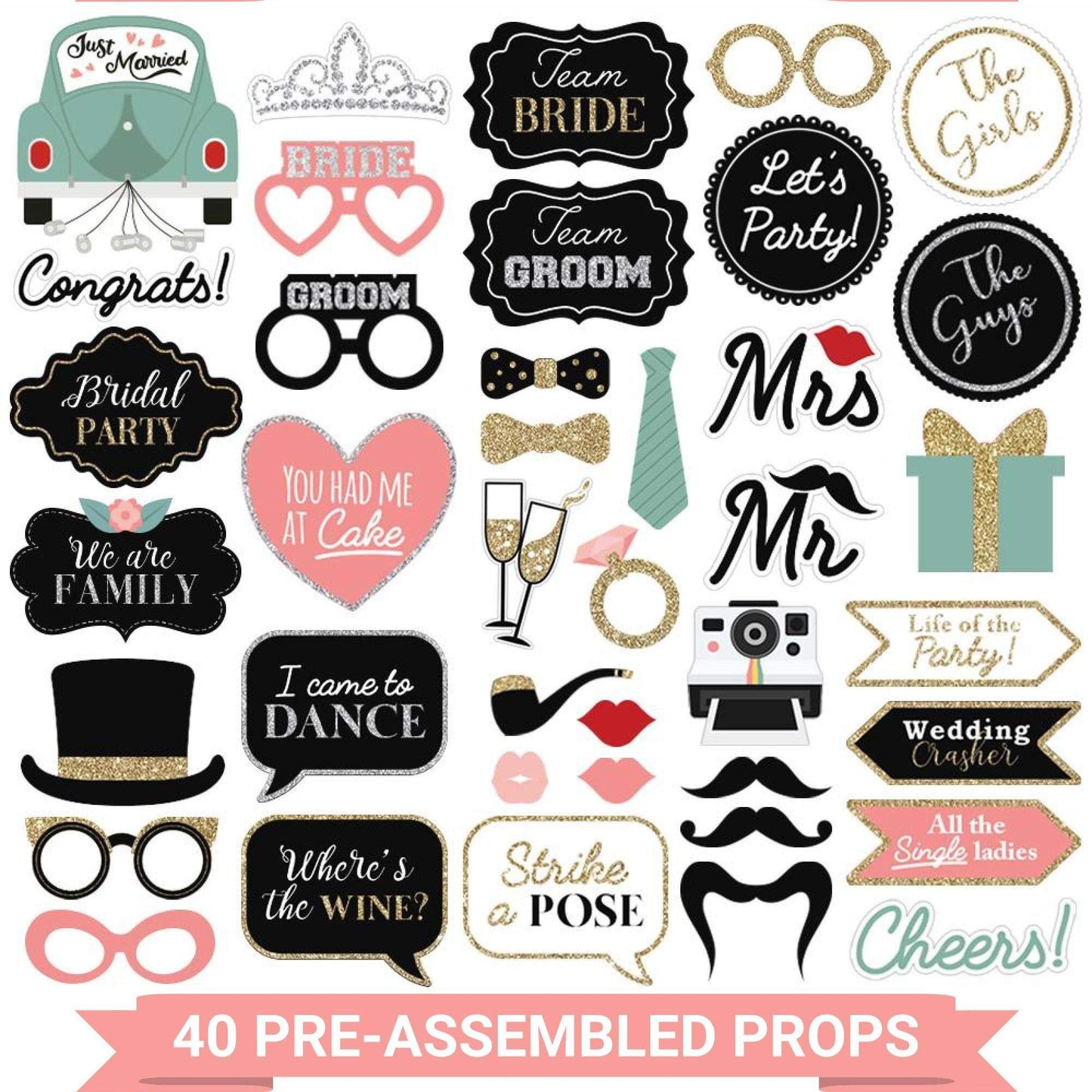 Fully Assembled Wedding Photo Booth Props - Set of 40 - Pink & Teal
