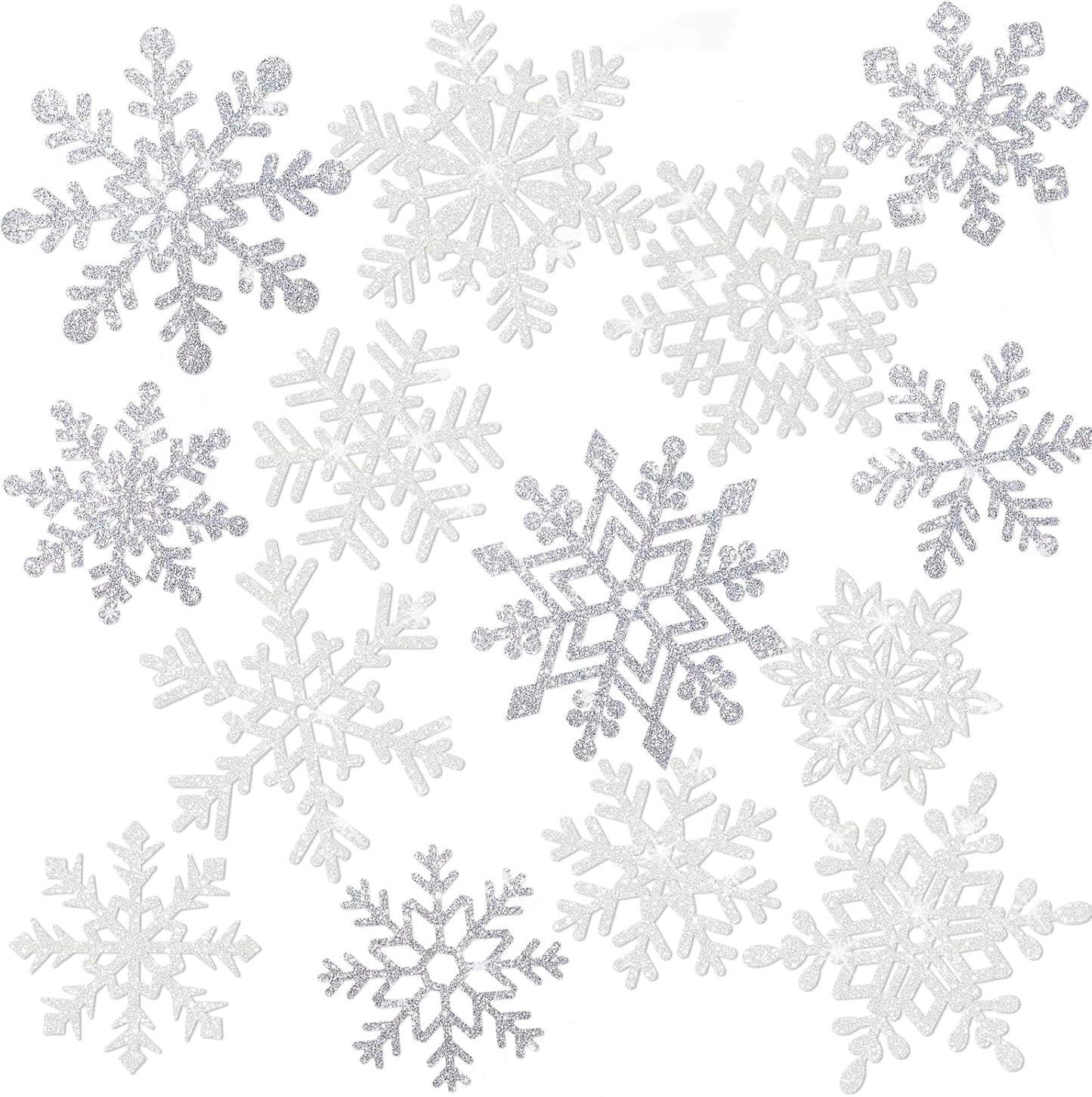 Winter Snowflake Cutouts - Glitter Paper Snowflake Decorations - 50Pcs White & Silver Double-Side Christmas Cutouts for Holiday Winter Wonderland Bulletin Board, Frozen Party Decor