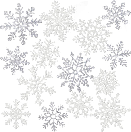 Winter Snowflake Cutouts - Glitter Paper Snowflake Decorations - 50Pcs White & Silver Double-Side Christmas Cutouts for Holiday Winter Wonderland Bulletin Board, Frozen Party Decor
