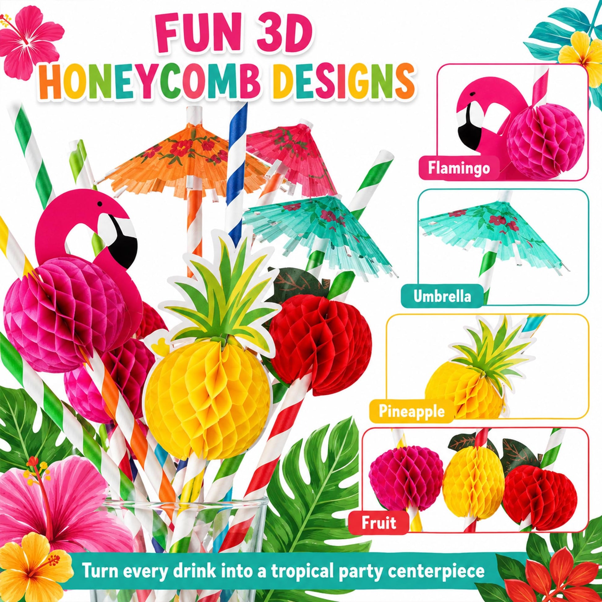 Haundry 100PCS Luau Party Cocktail Straws, 3D Honeycomb Flamingo Fruit Umbrella Paper Straws with