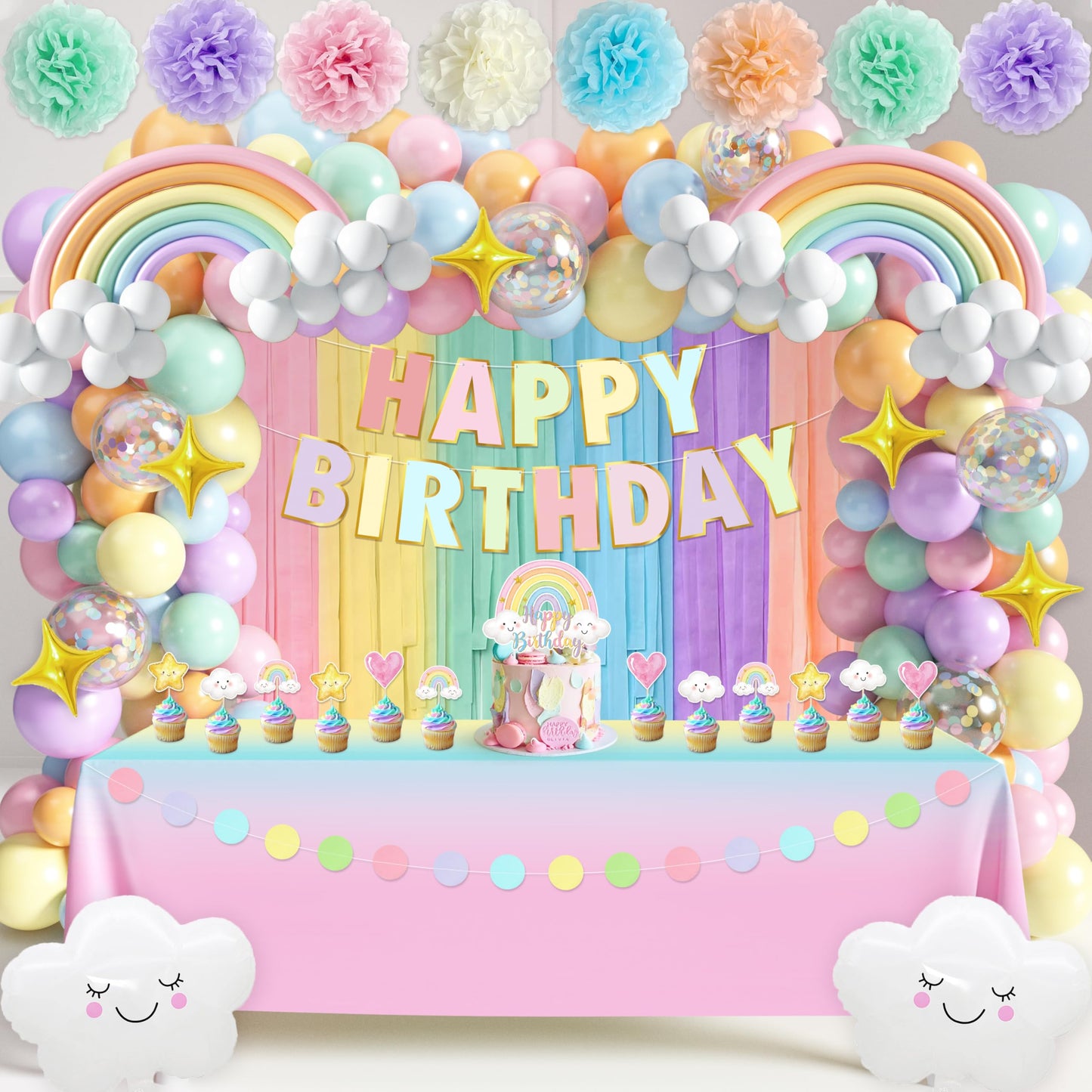 THAWAY Pastel Rainbow Birthday Decorations 182Pcs Rainbow Party Supplies