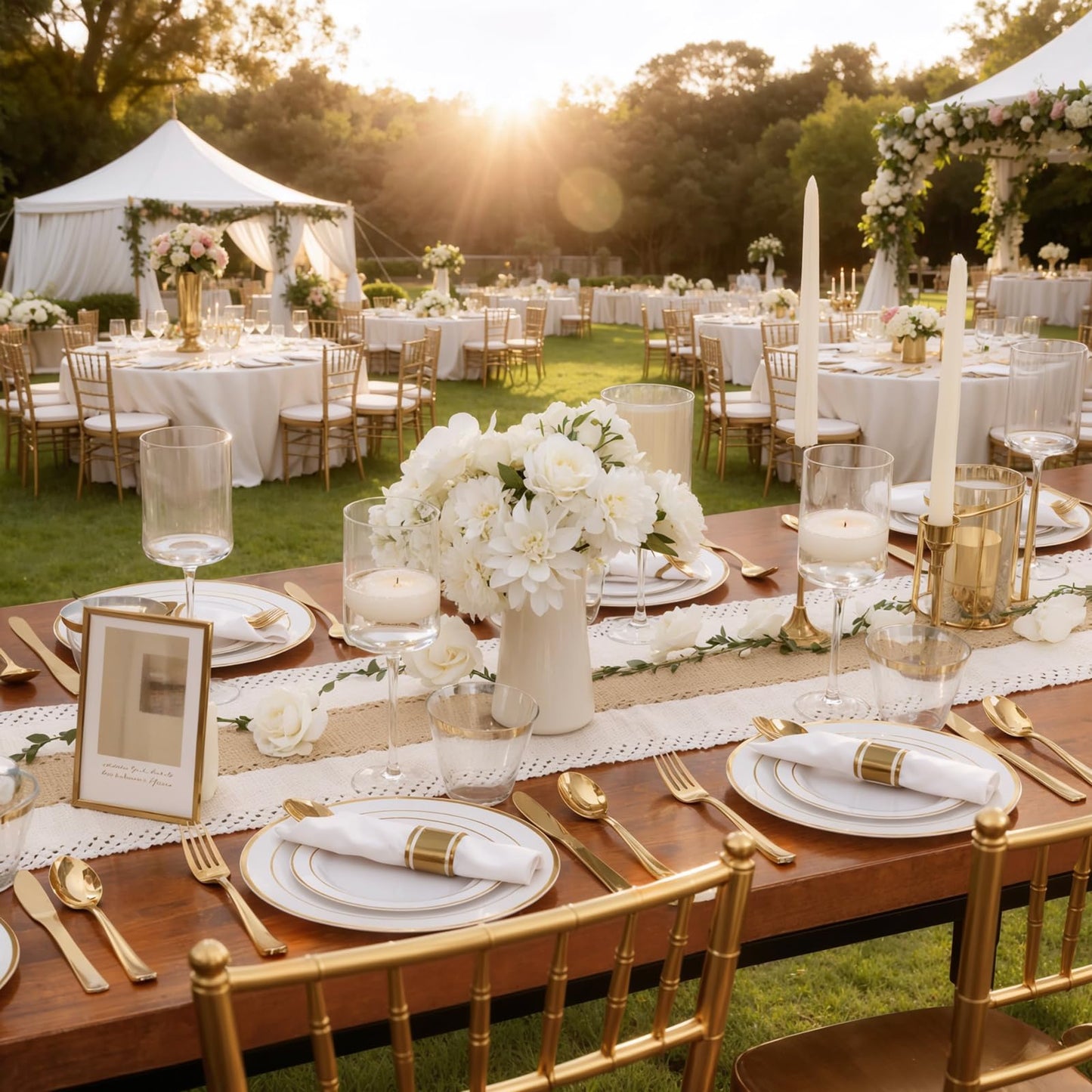 WDF Partyware 350Piece Gold Dinnerware Set for 50 Guests - Gold Plastic Plates with Disposable